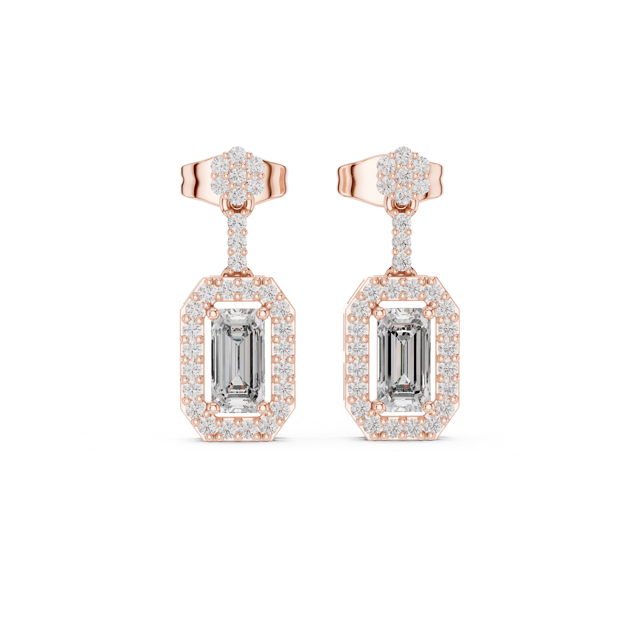 EMRALD CUT DIAMOND HALO DROP EARRING