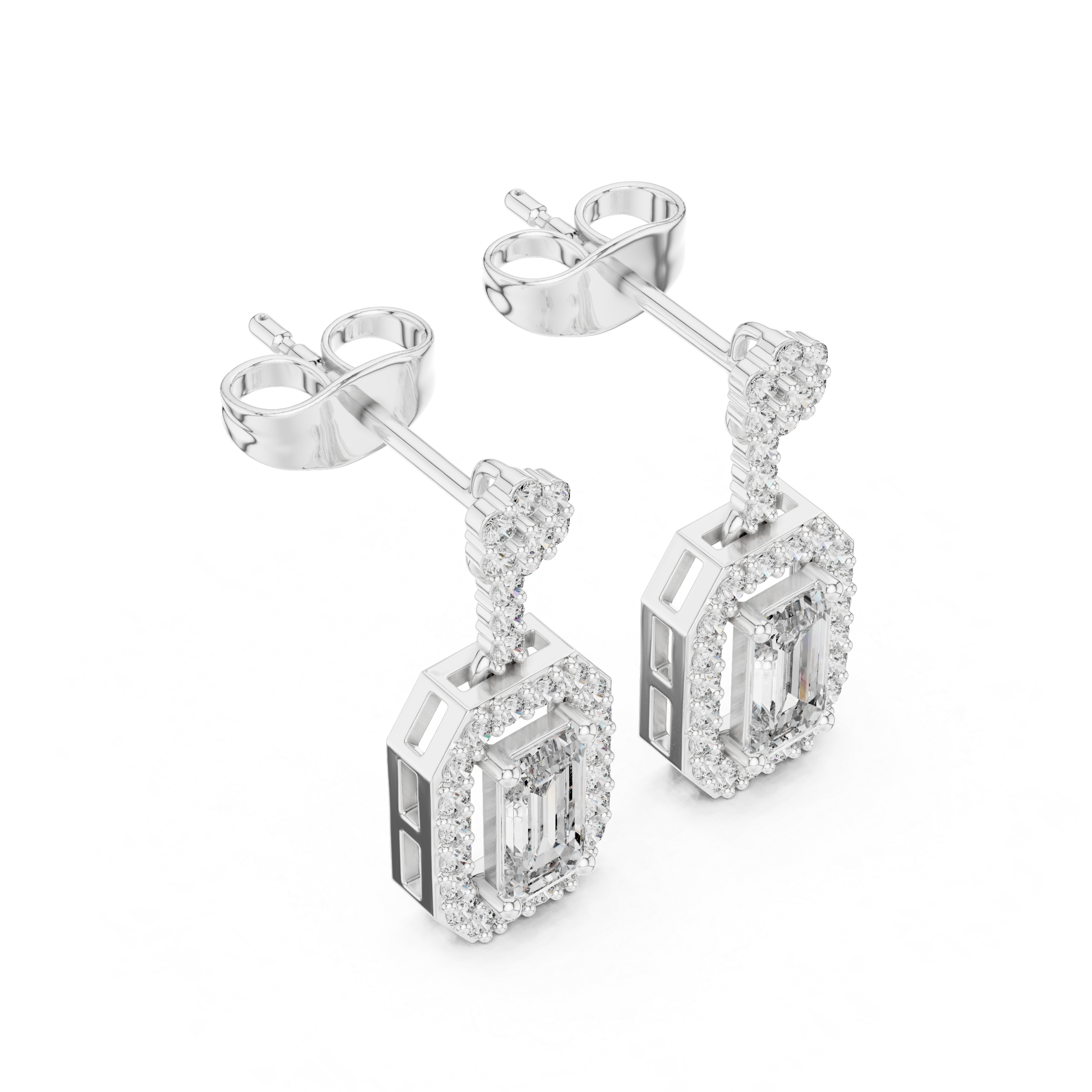 EMRALD CUT DIAMOND HALO DROP EARRING