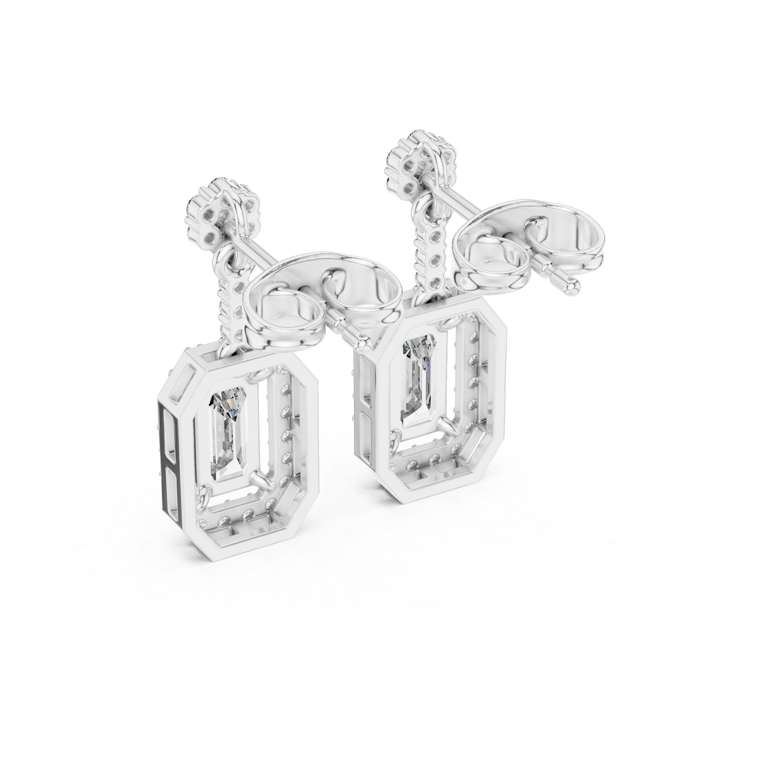 EMRALD CUT DIAMOND HALO DROP EARRING