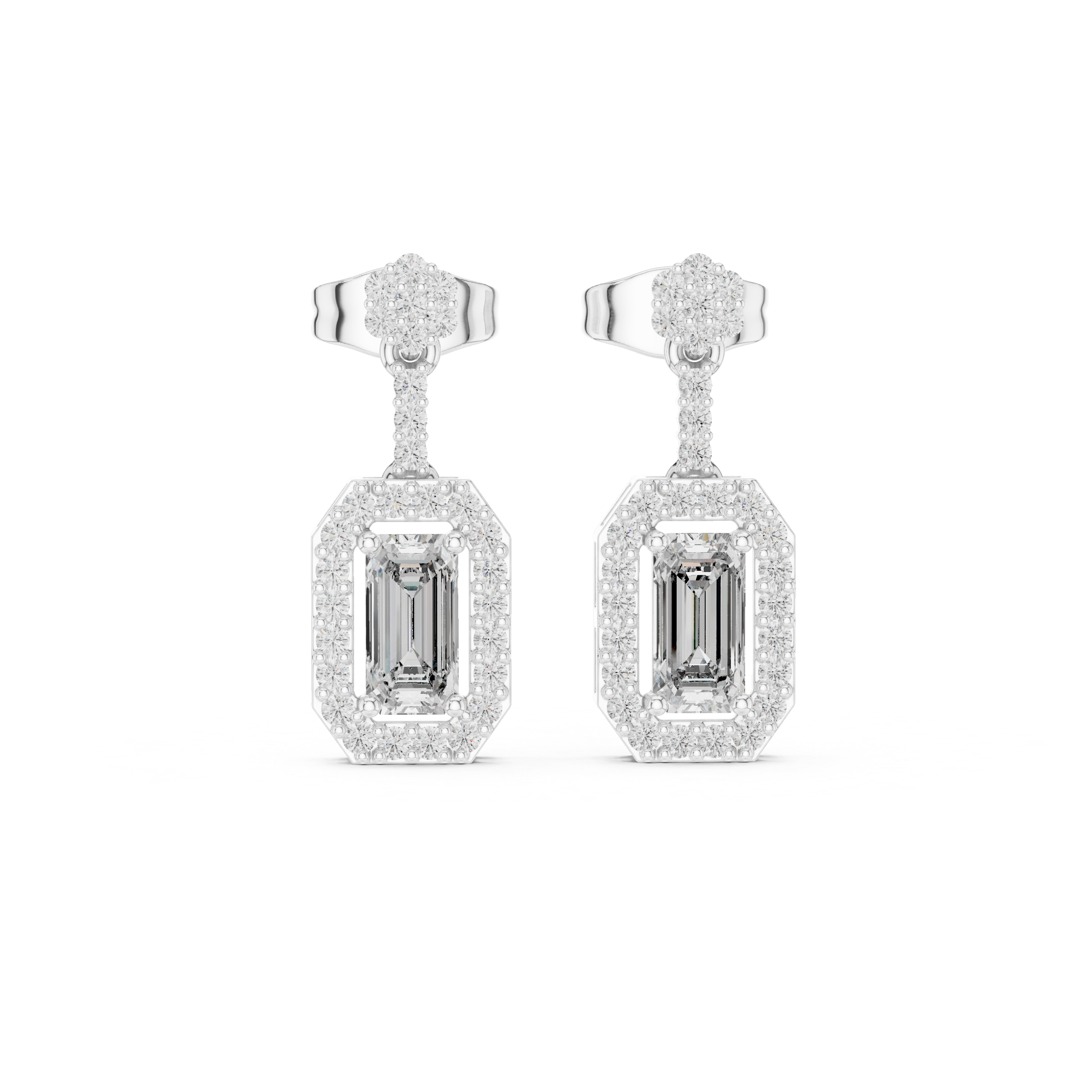 EMRALD CUT DIAMOND HALO DROP EARRING