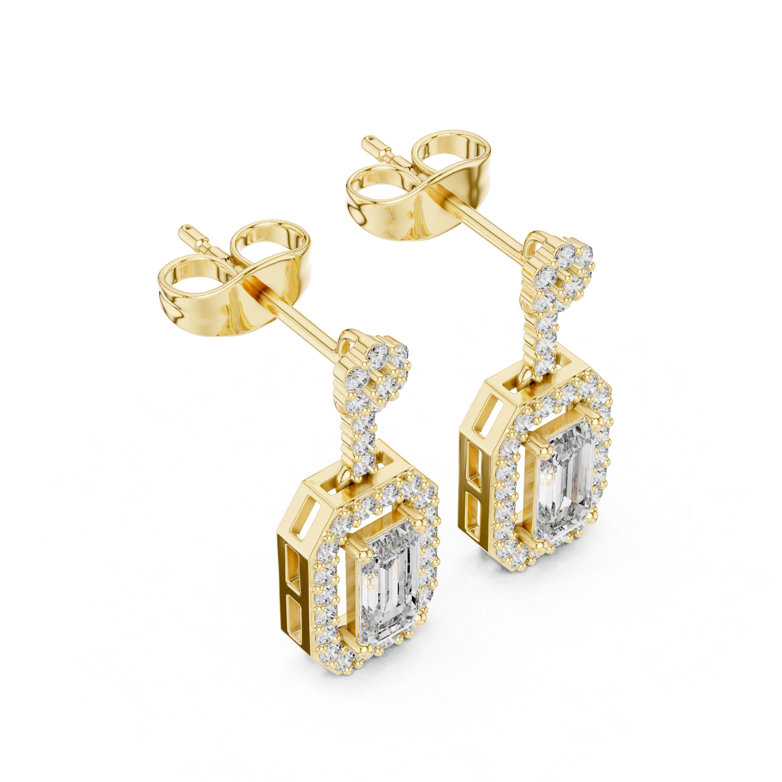 EMRALD CUT DIAMOND HALO DROP EARRING