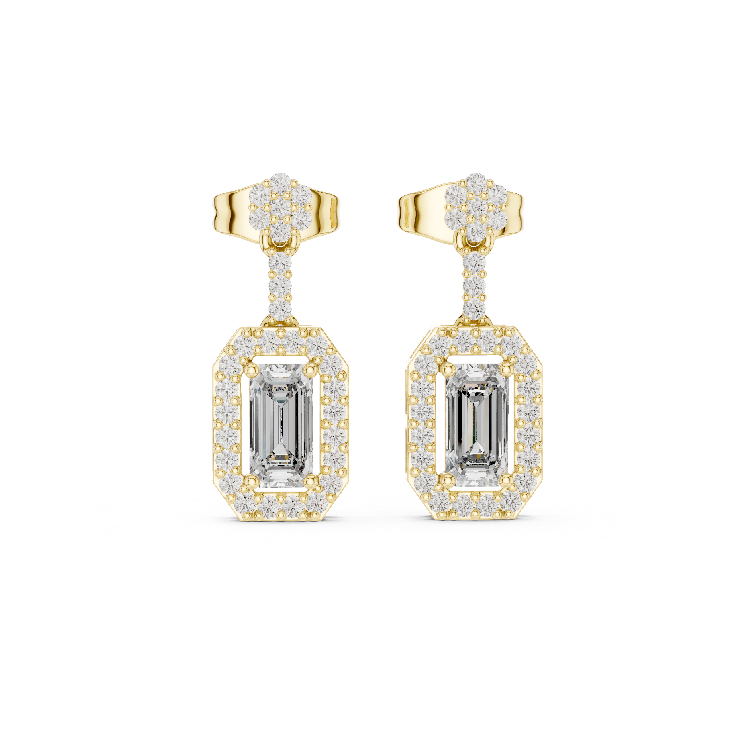 EMRALD CUT DIAMOND HALO DROP EARRING