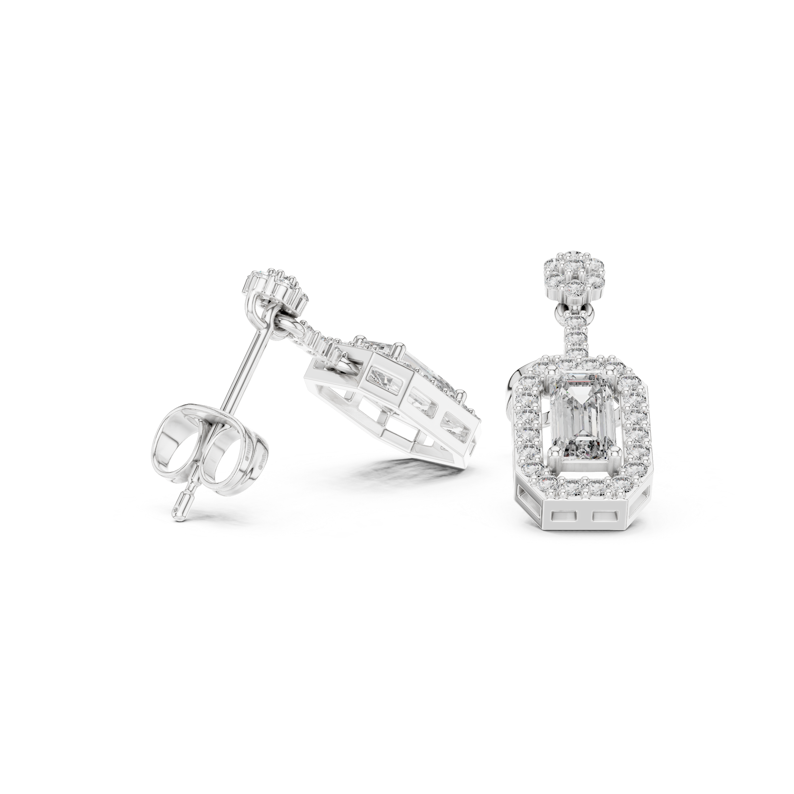 EMRALD CUT DIAMOND HALO DROP EARRING