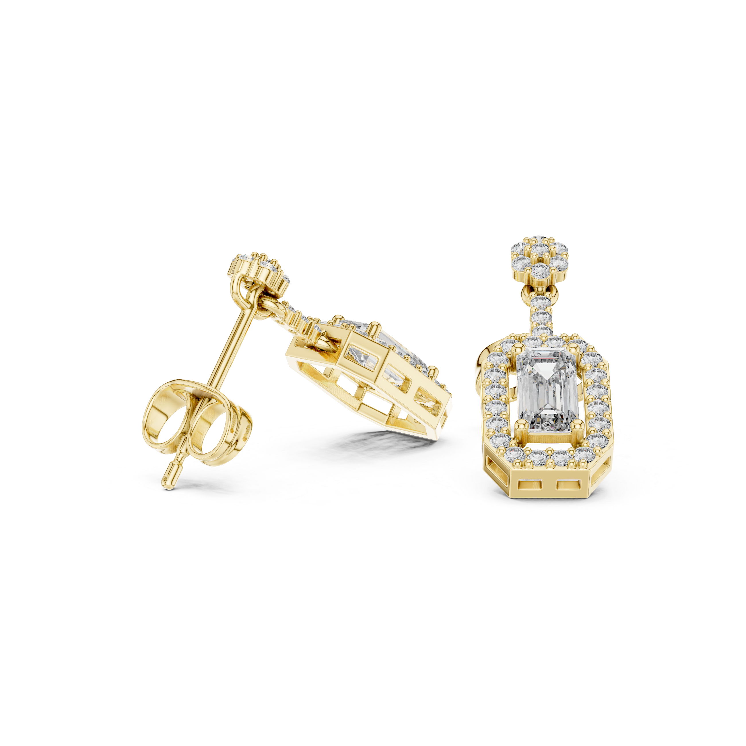 EMRALD CUT DIAMOND HALO DROP EARRING
