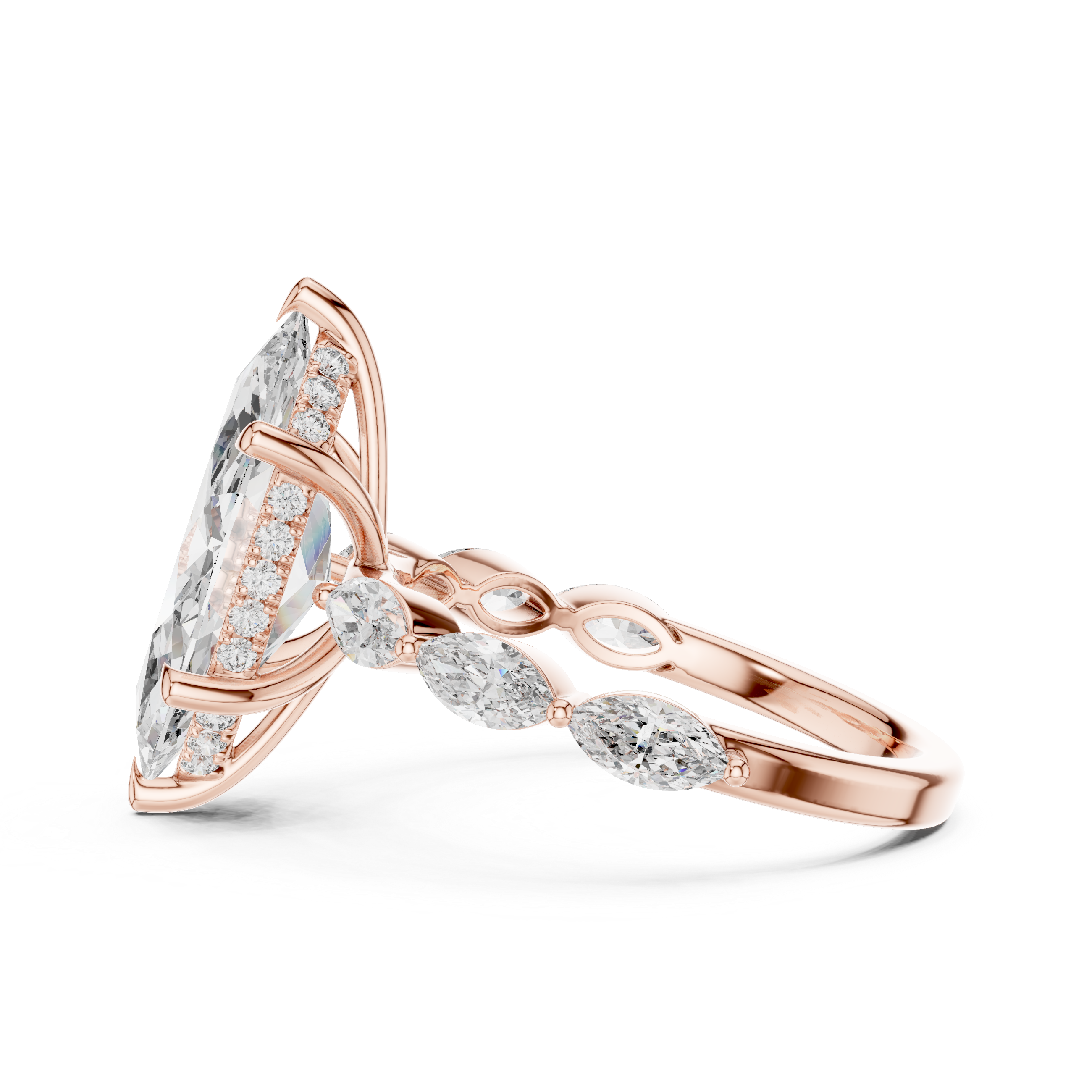 Marquise Solitaire Diamond Engagement Ring with Leaf Side Stones