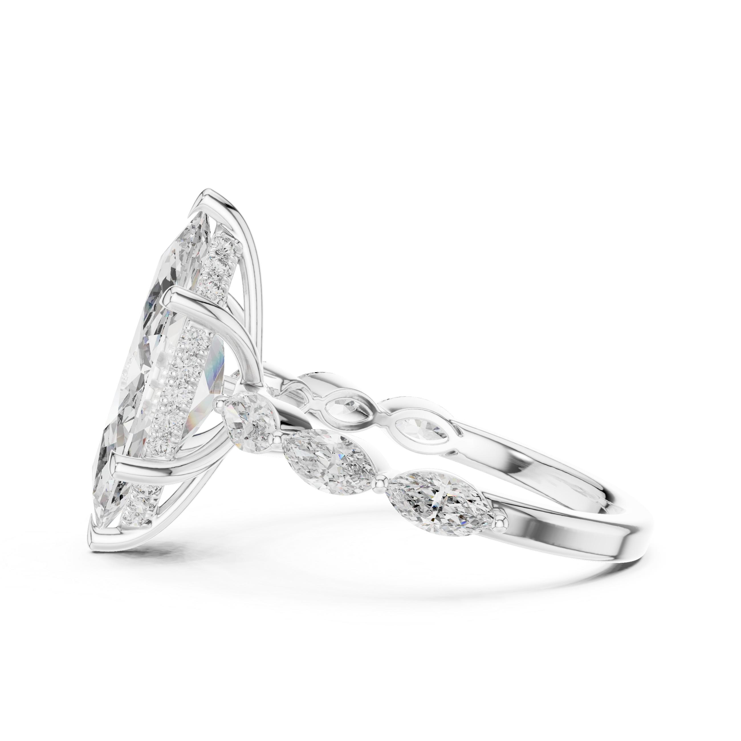 Marquise Solitaire Diamond Engagement Ring with Leaf Side Stones