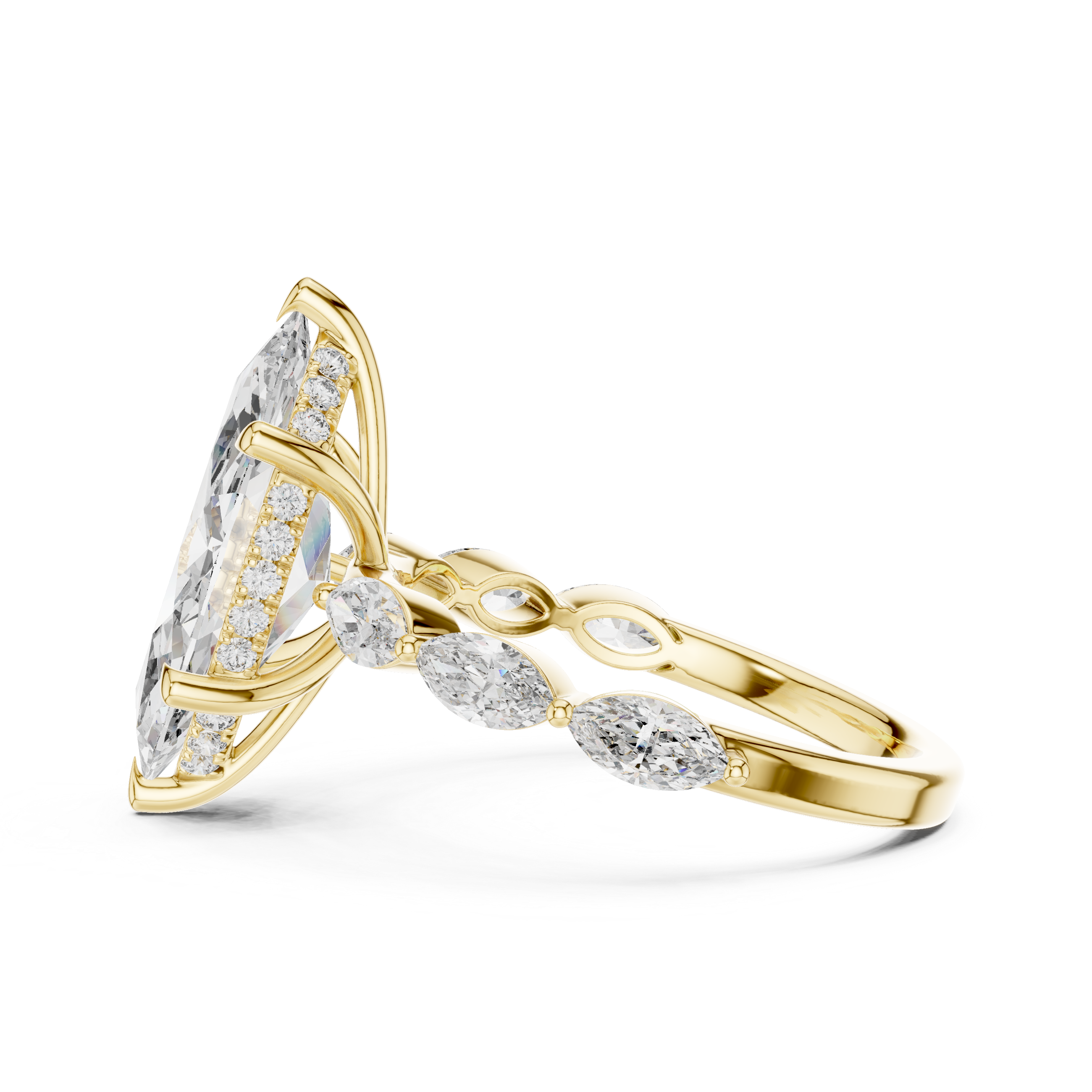 Marquise Solitaire Diamond Engagement Ring with Leaf Side Stones