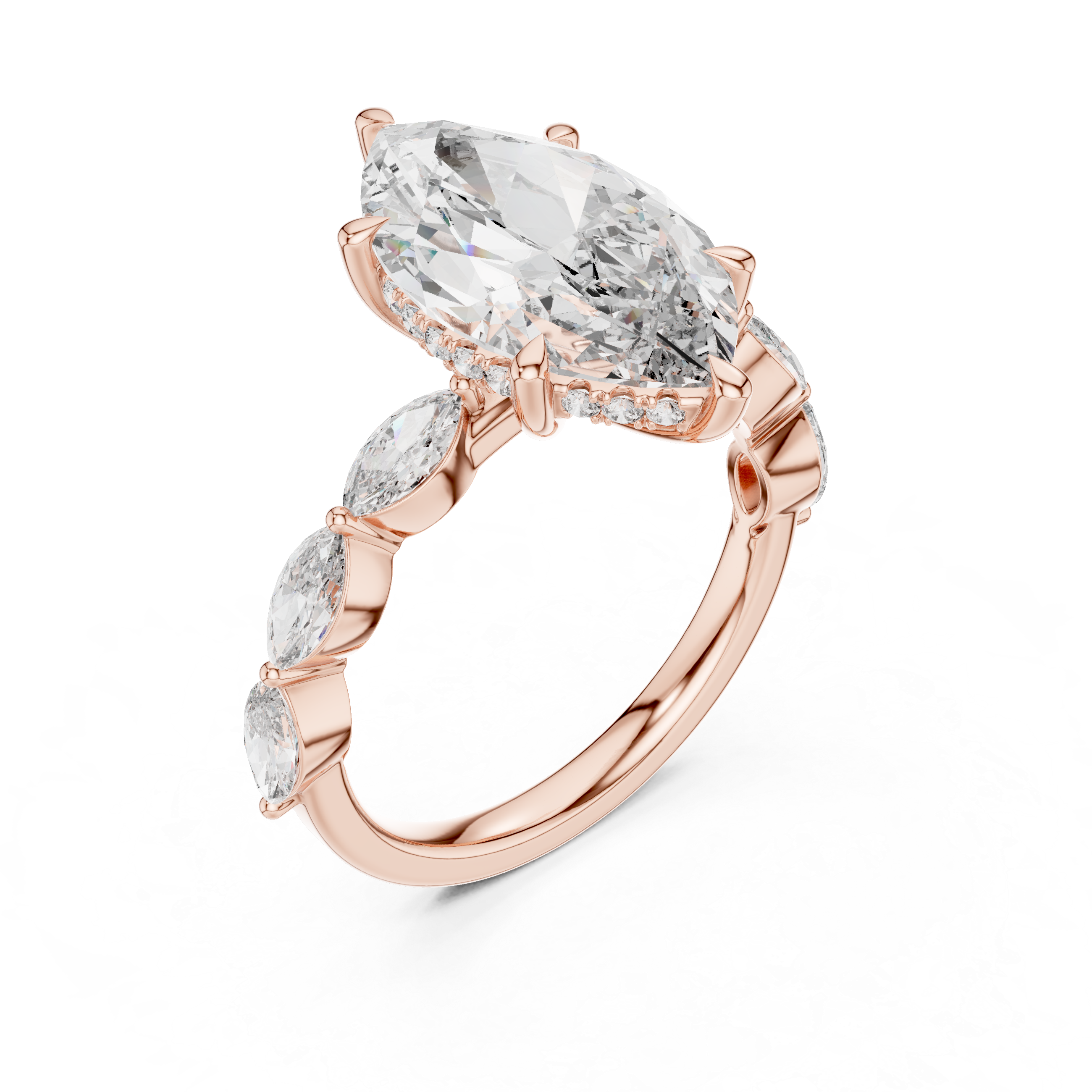 Marquise Solitaire Diamond Engagement Ring with Leaf Side Stones