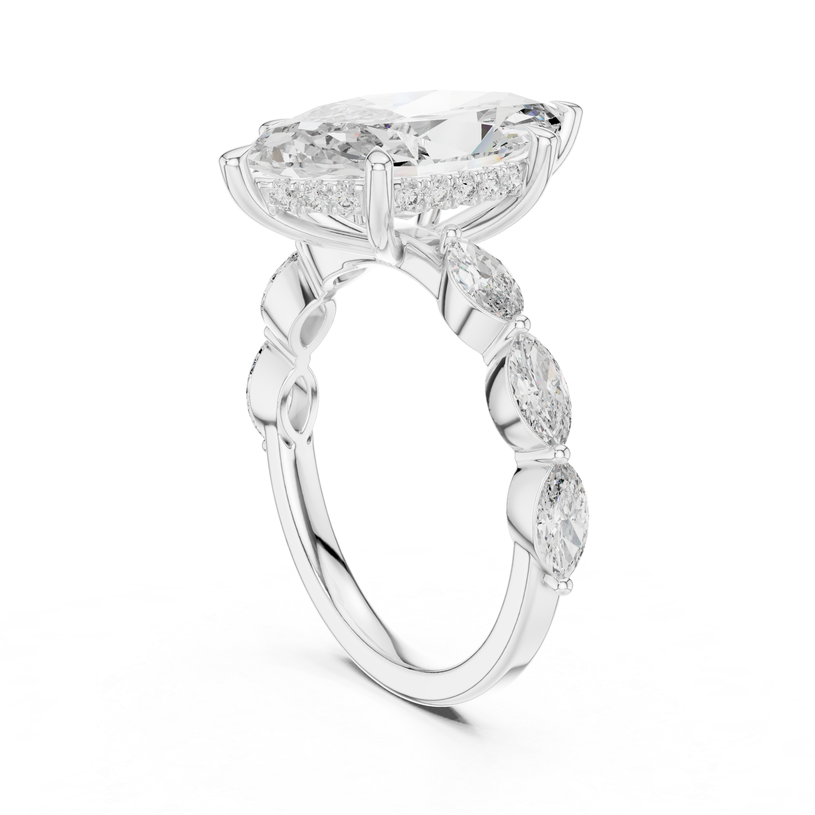 Marquise Solitaire Diamond Engagement Ring with Leaf Side Stones