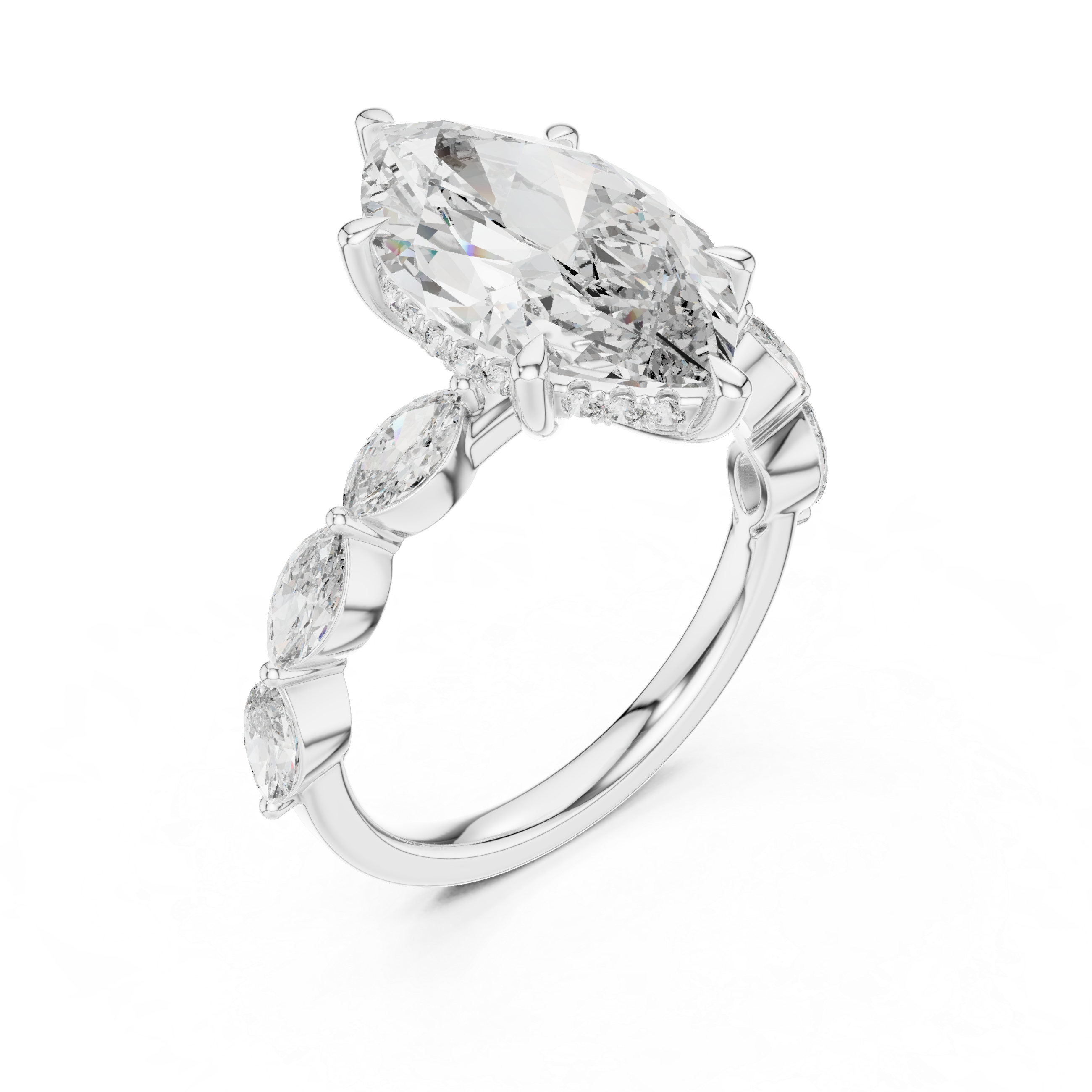 Marquise Solitaire Diamond Engagement Ring with Leaf Side Stones