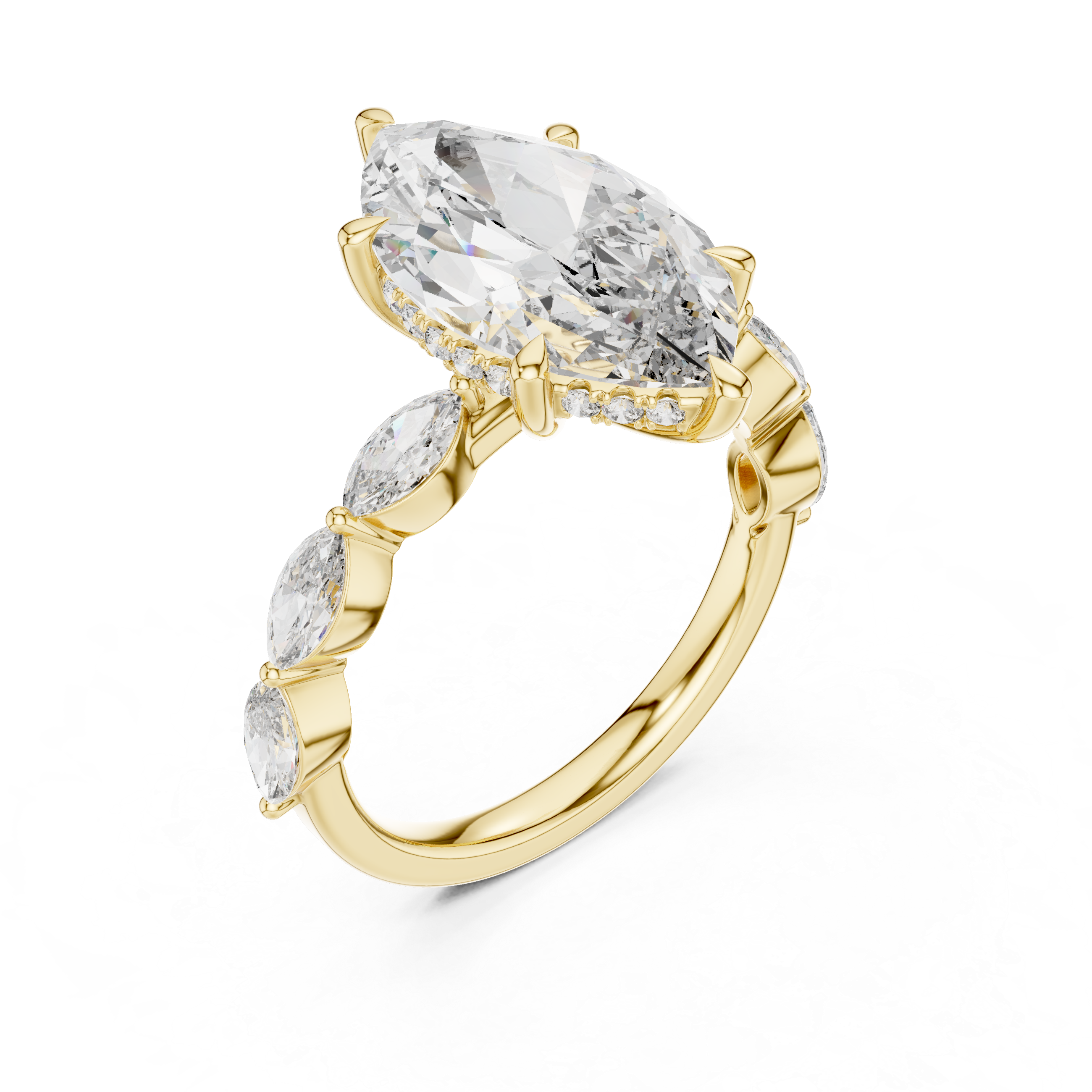 Marquise Solitaire Diamond Engagement Ring with Leaf Side Stones