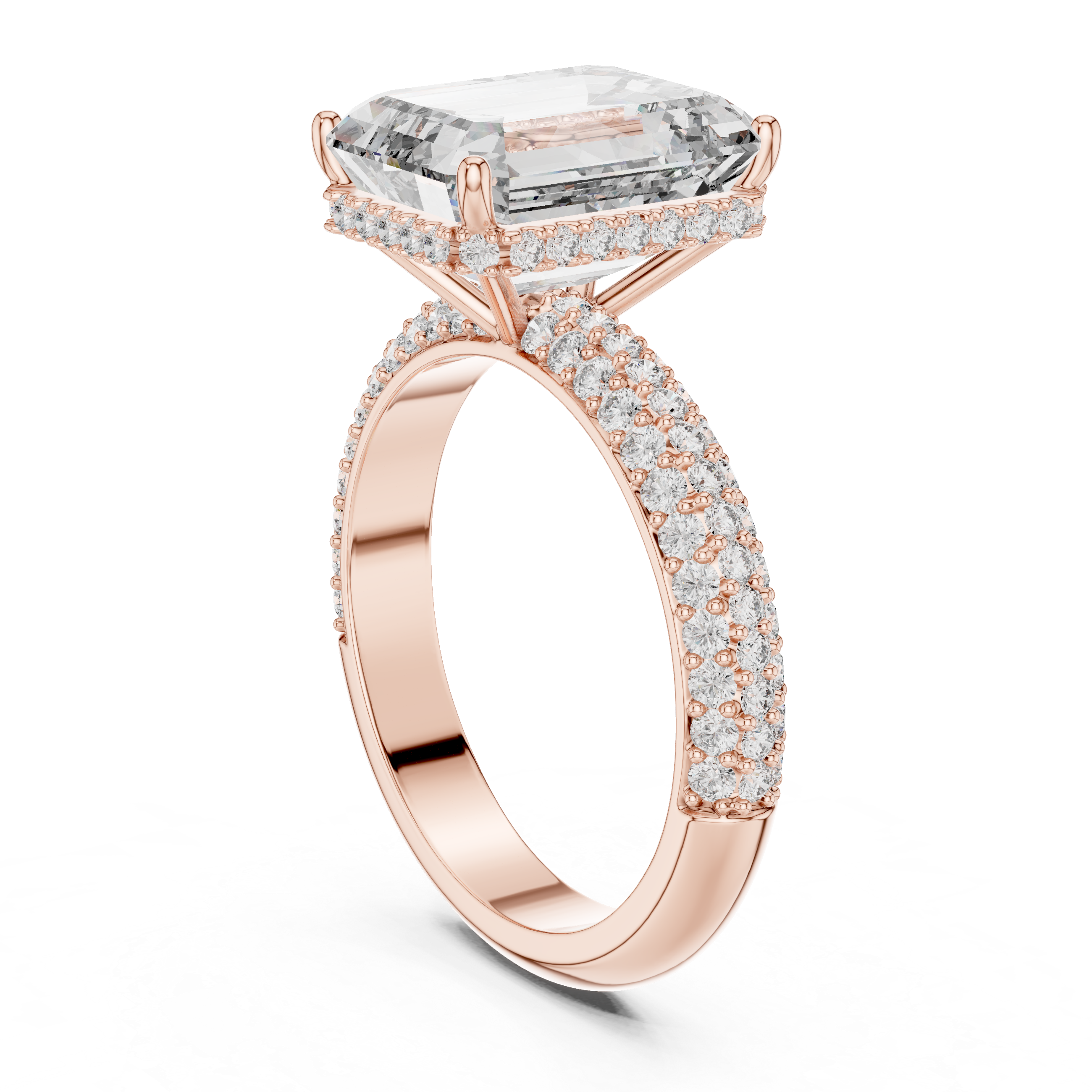 EMRALD CUT DIAMOND HIDDEN HALO SPLIT SHANK ENGAGEMENT RING