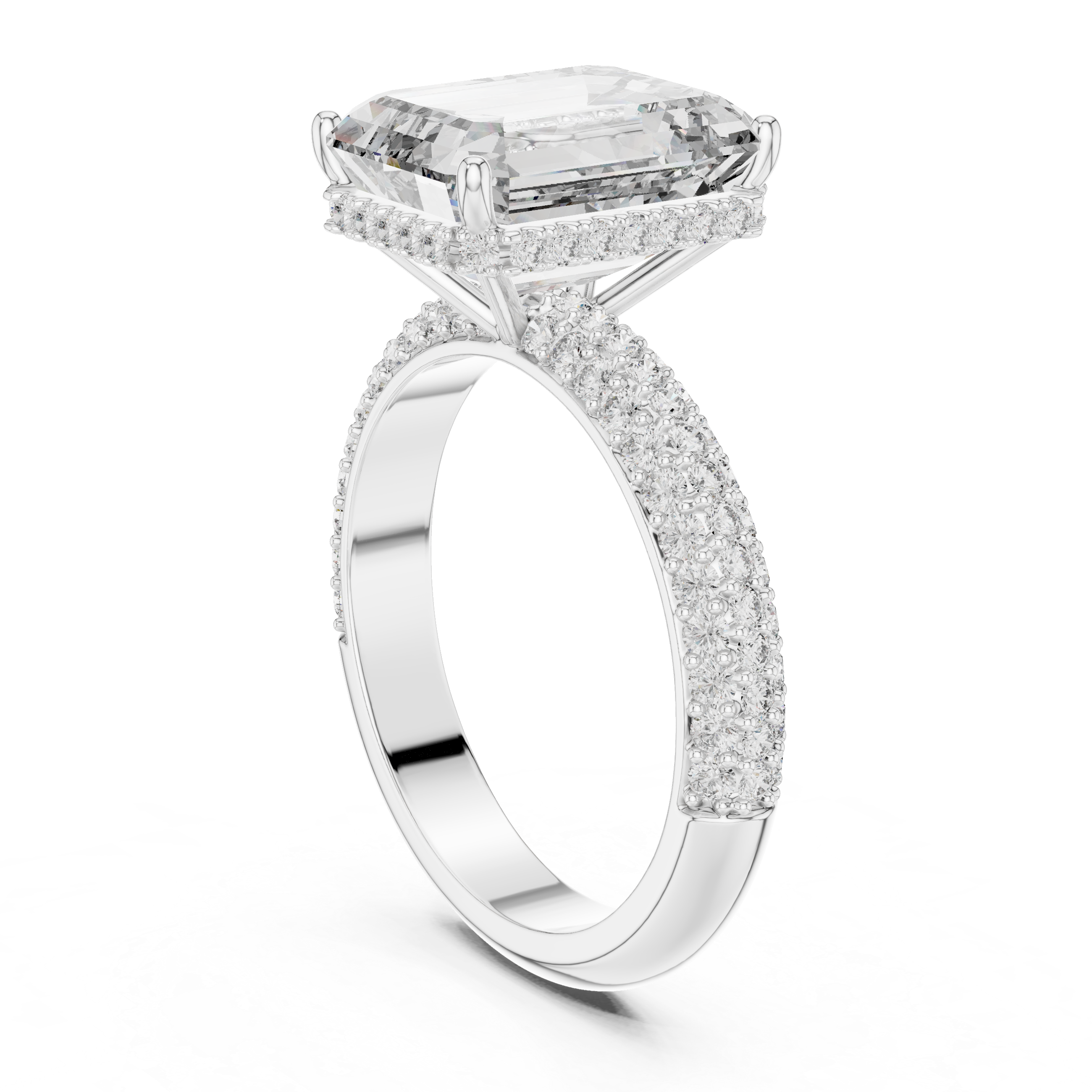 EMRALD CUT DIAMOND HIDDEN HALO SPLIT SHANK ENGAGEMENT RING