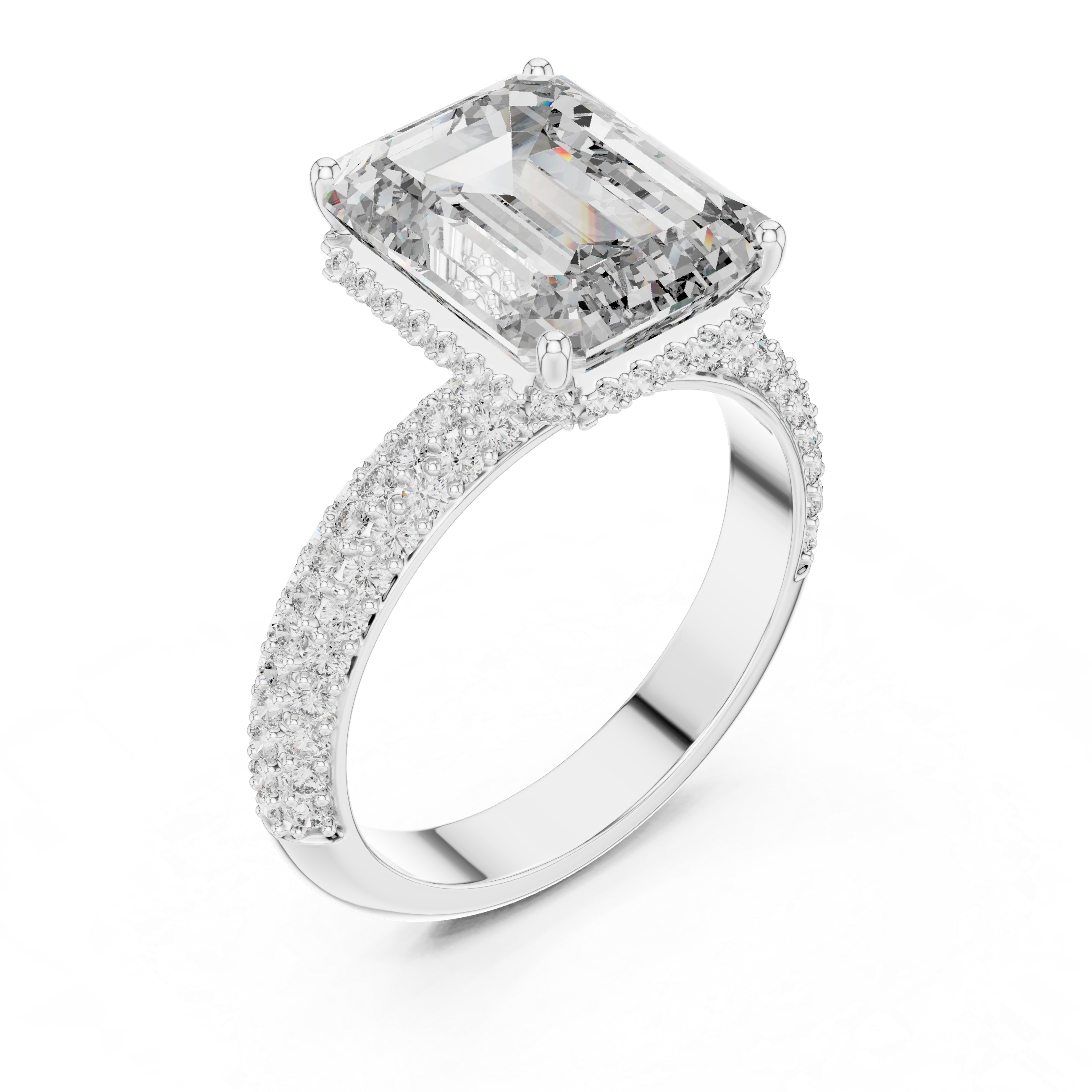 EMRALD CUT DIAMOND HIDDEN HALO SPLIT SHANK ENGAGEMENT RING