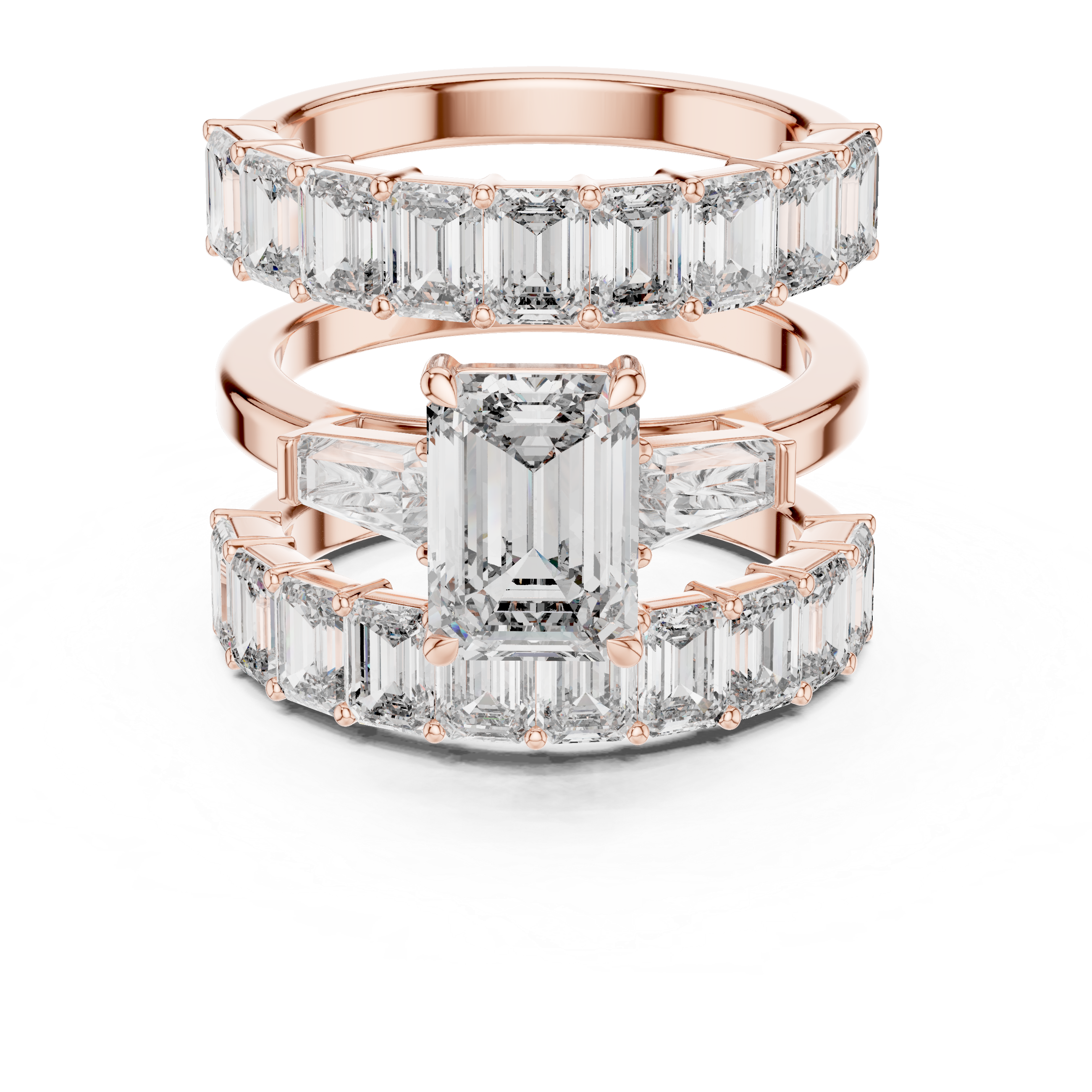 EMRALD CUT DIAMOND THREE RING BRIDAL SET