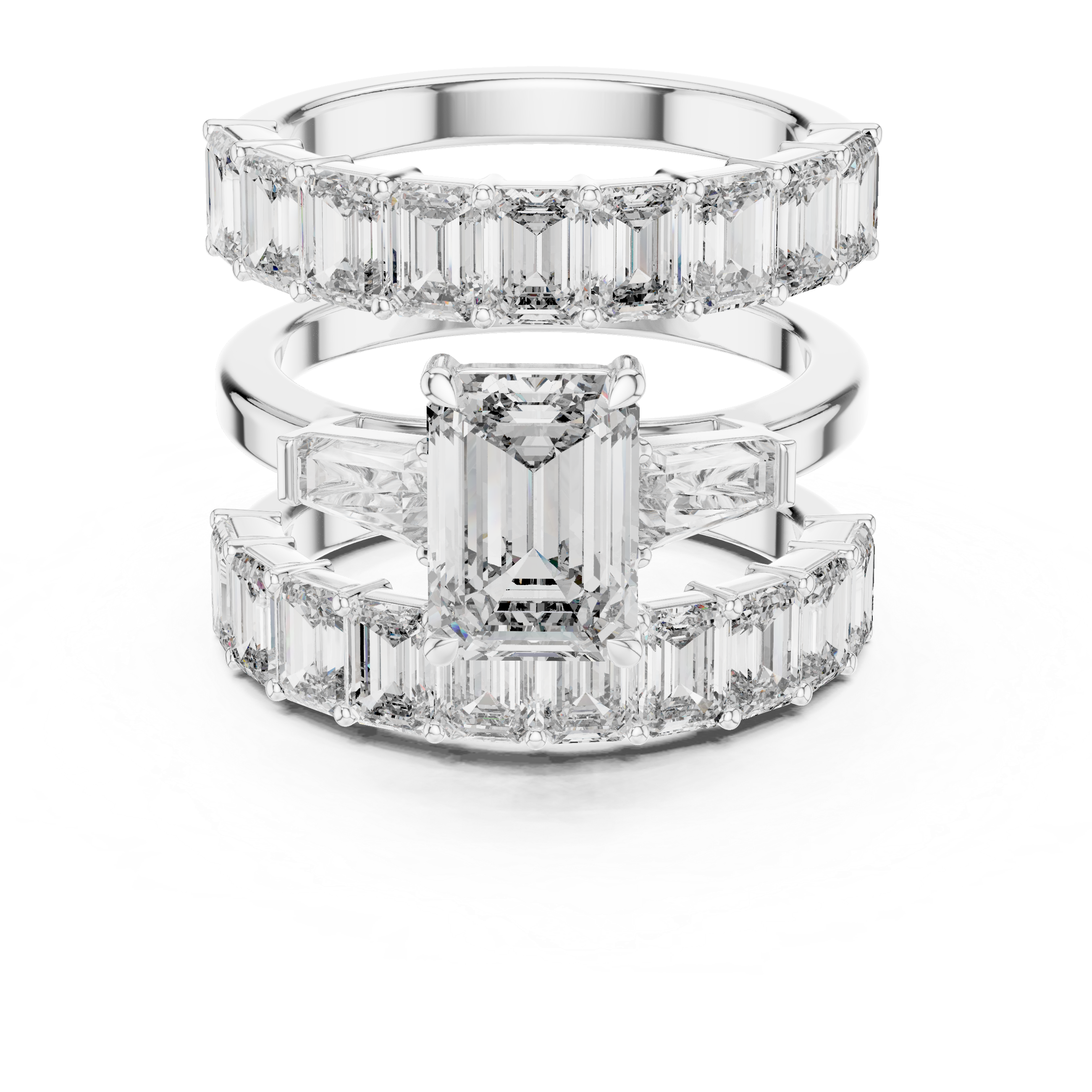 EMRALD CUT DIAMOND THREE RING BRIDAL SET