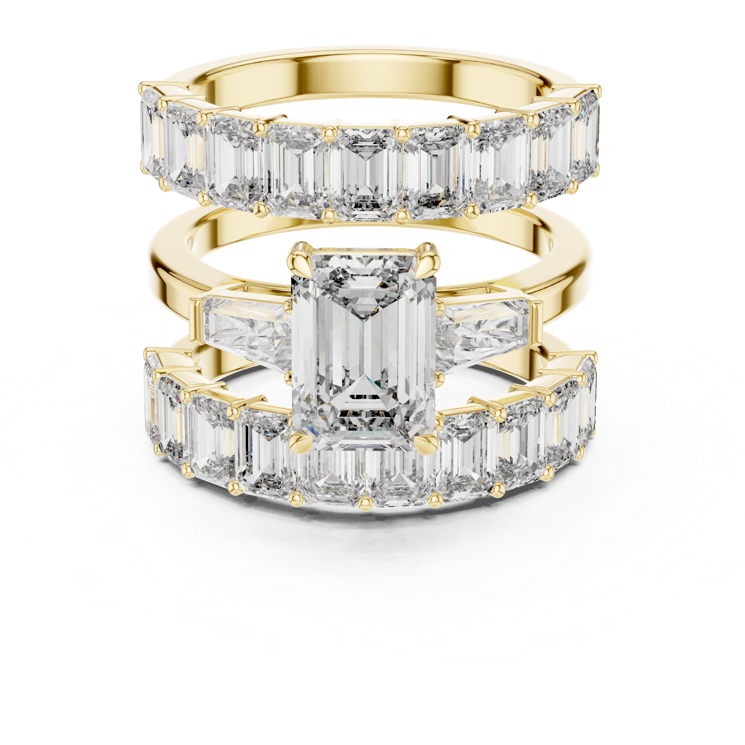 EMRALD CUT DIAMOND THREE RING BRIDAL SET