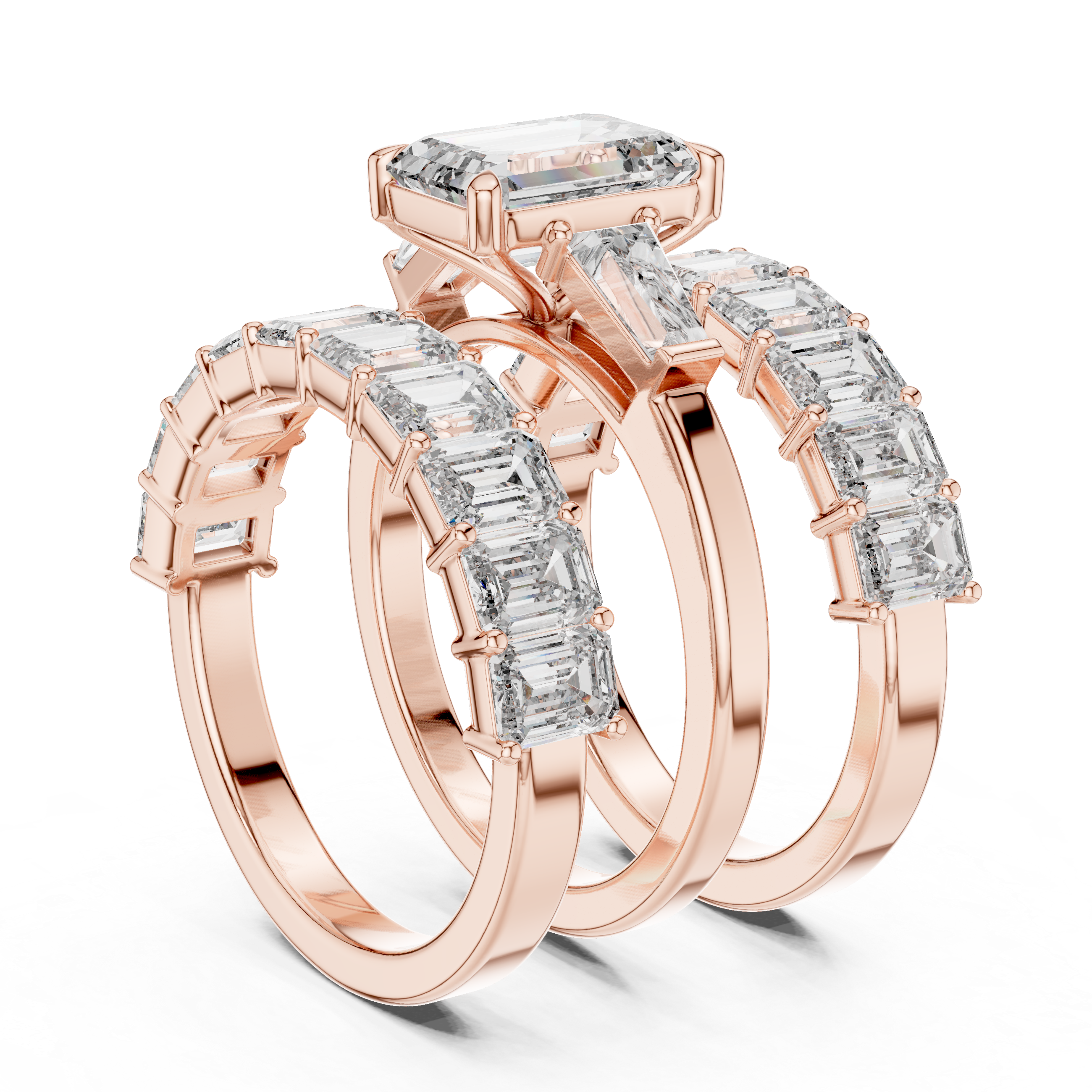 EMRALD CUT DIAMOND THREE RING BRIDAL SET
