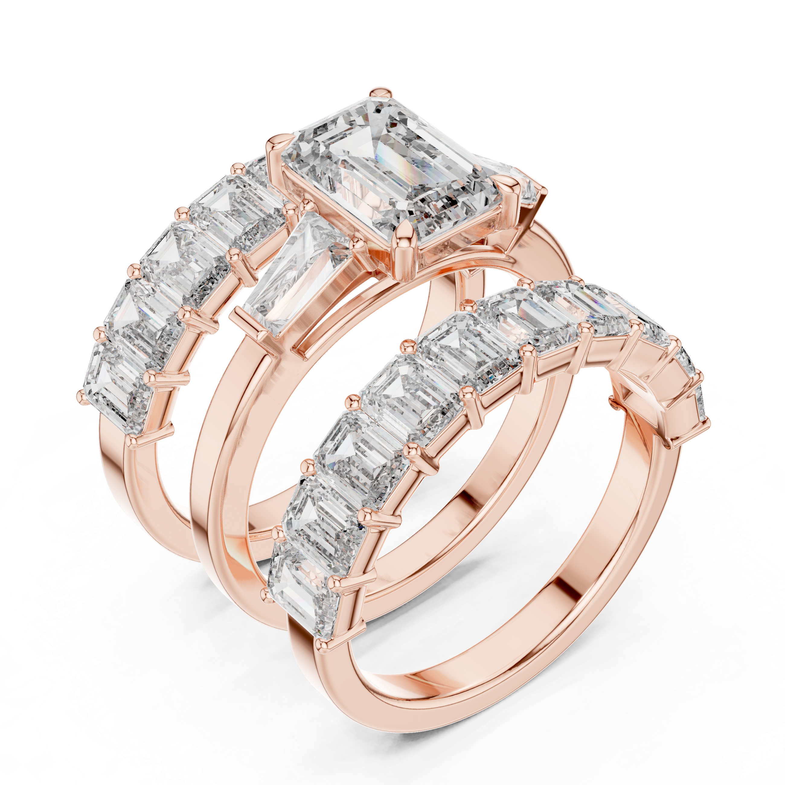 EMRALD CUT DIAMOND THREE RING BRIDAL SET