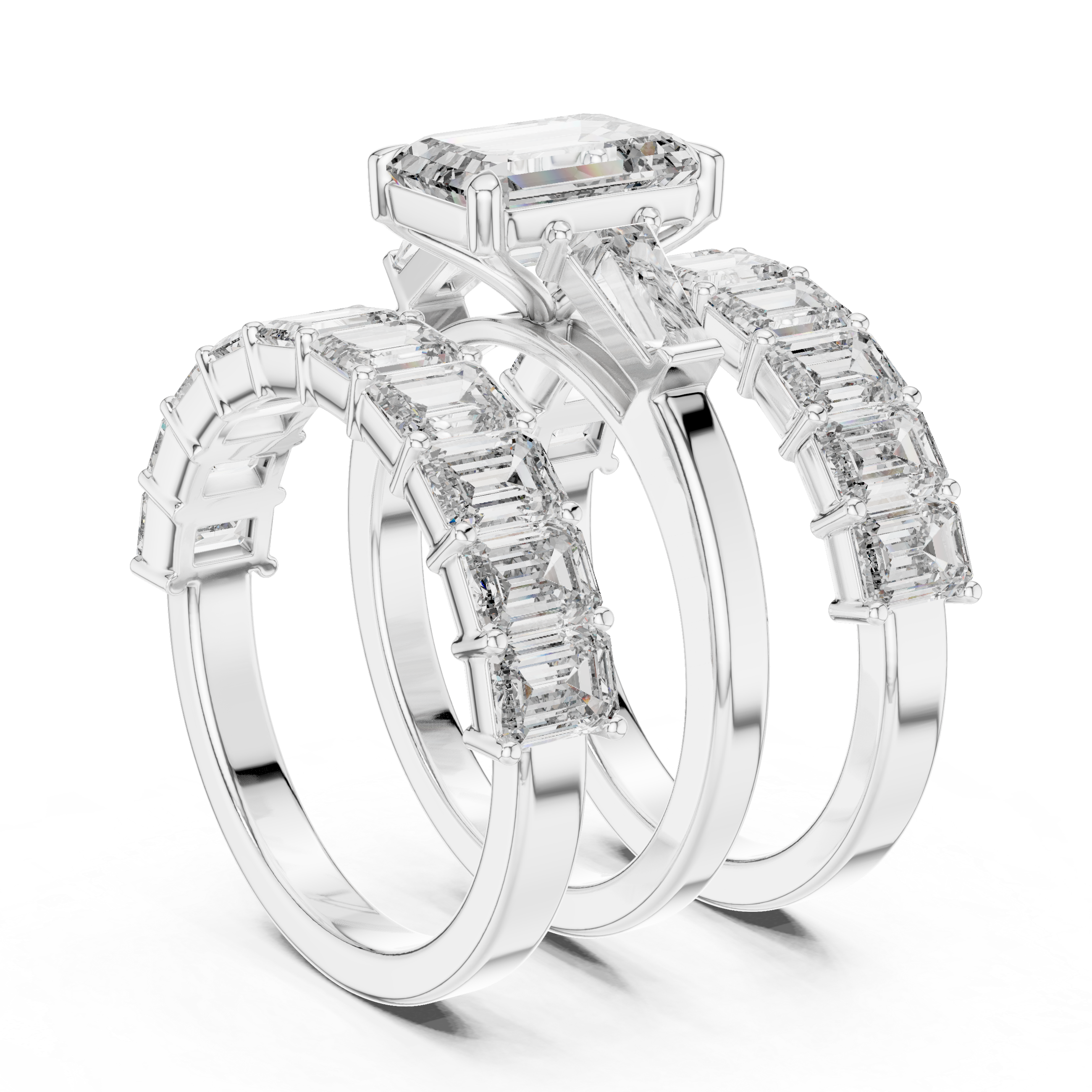 EMRALD CUT DIAMOND THREE RING BRIDAL SET