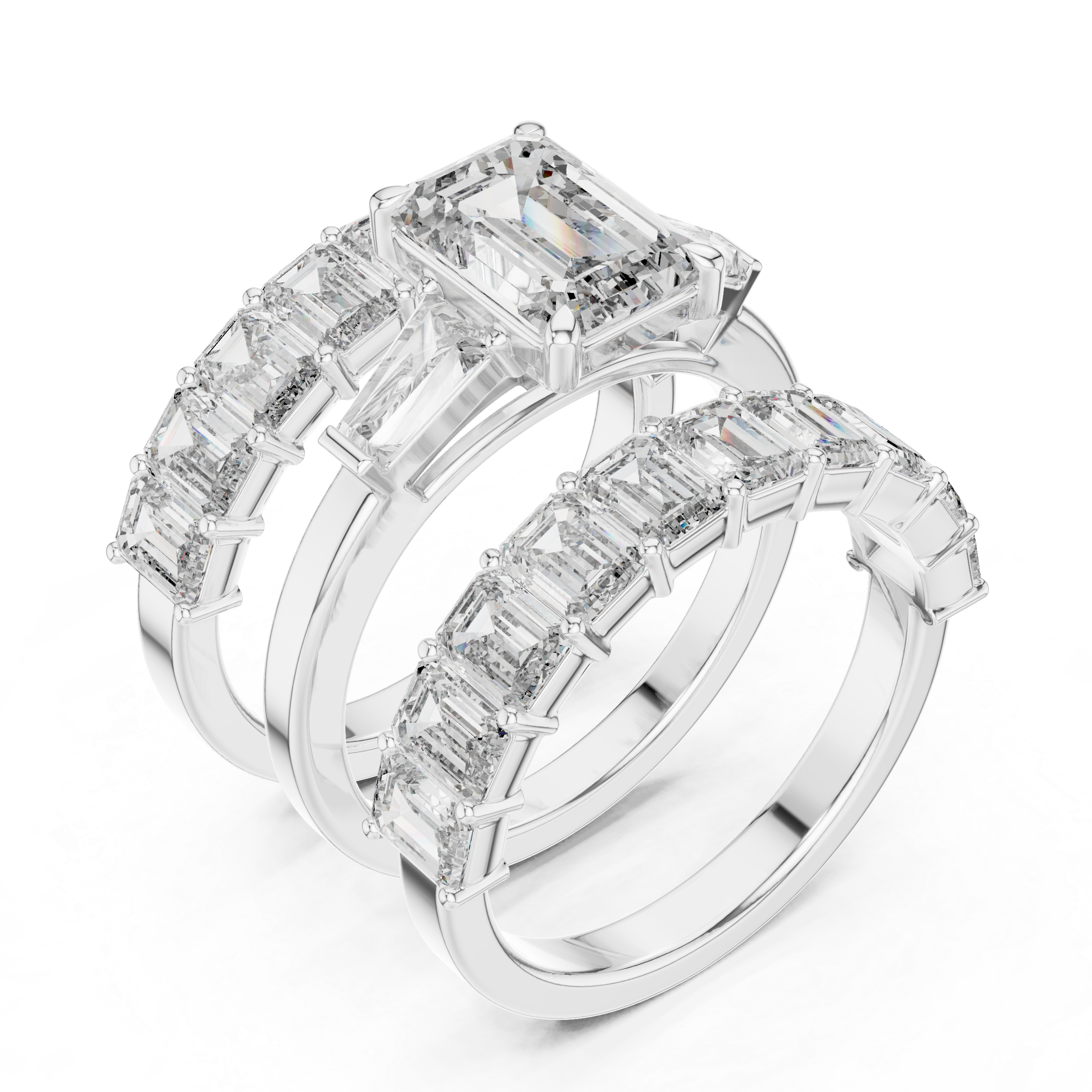 EMRALD CUT DIAMOND THREE RING BRIDAL SET