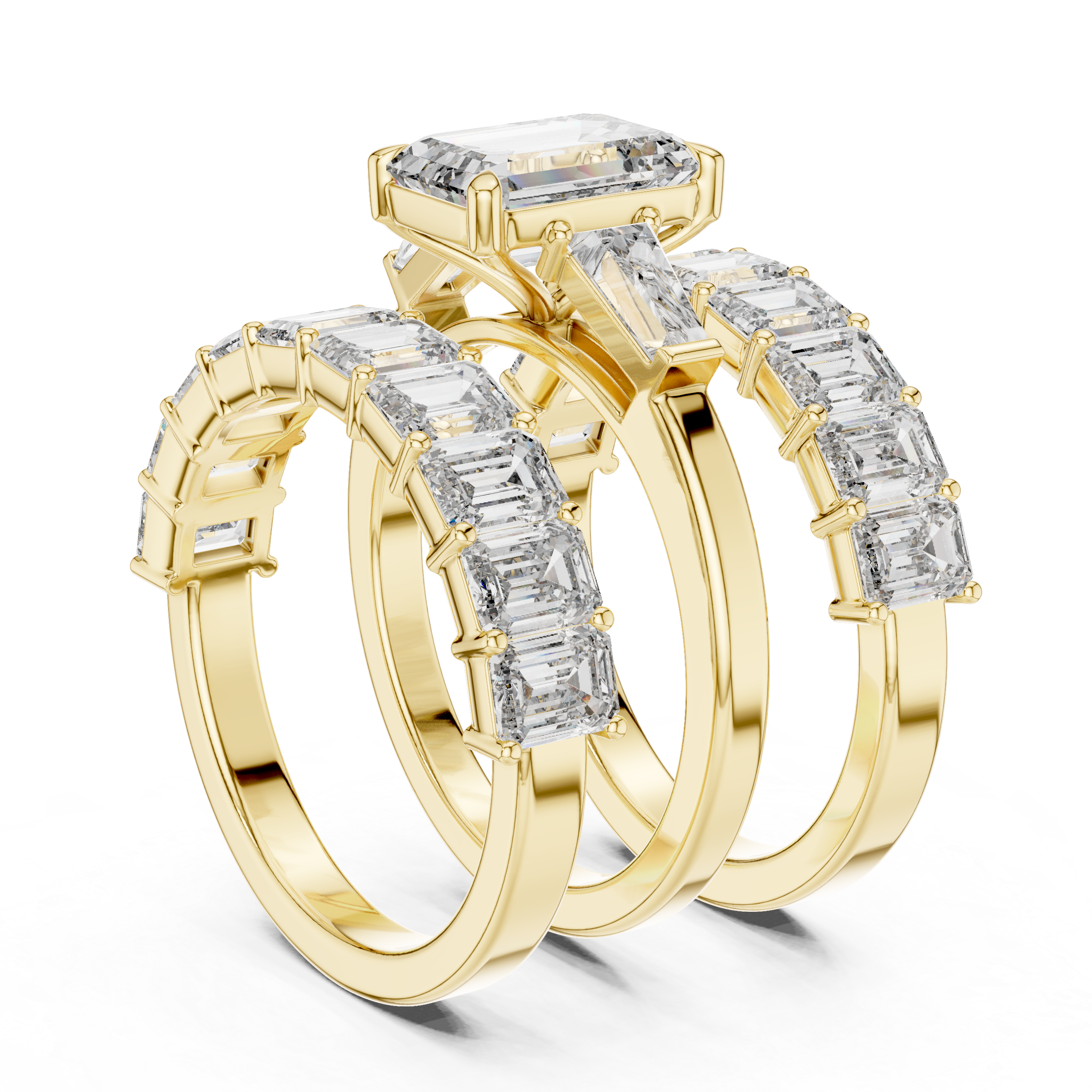 EMRALD CUT DIAMOND THREE RING BRIDAL SET