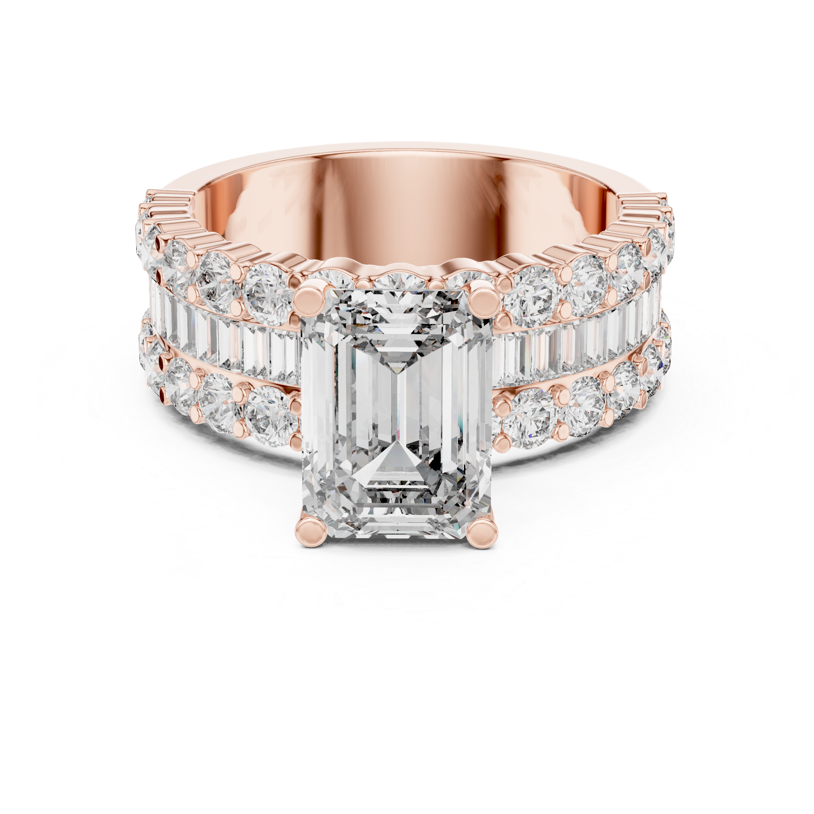 Emerald Cut Diamond Three Row Engagement Ring