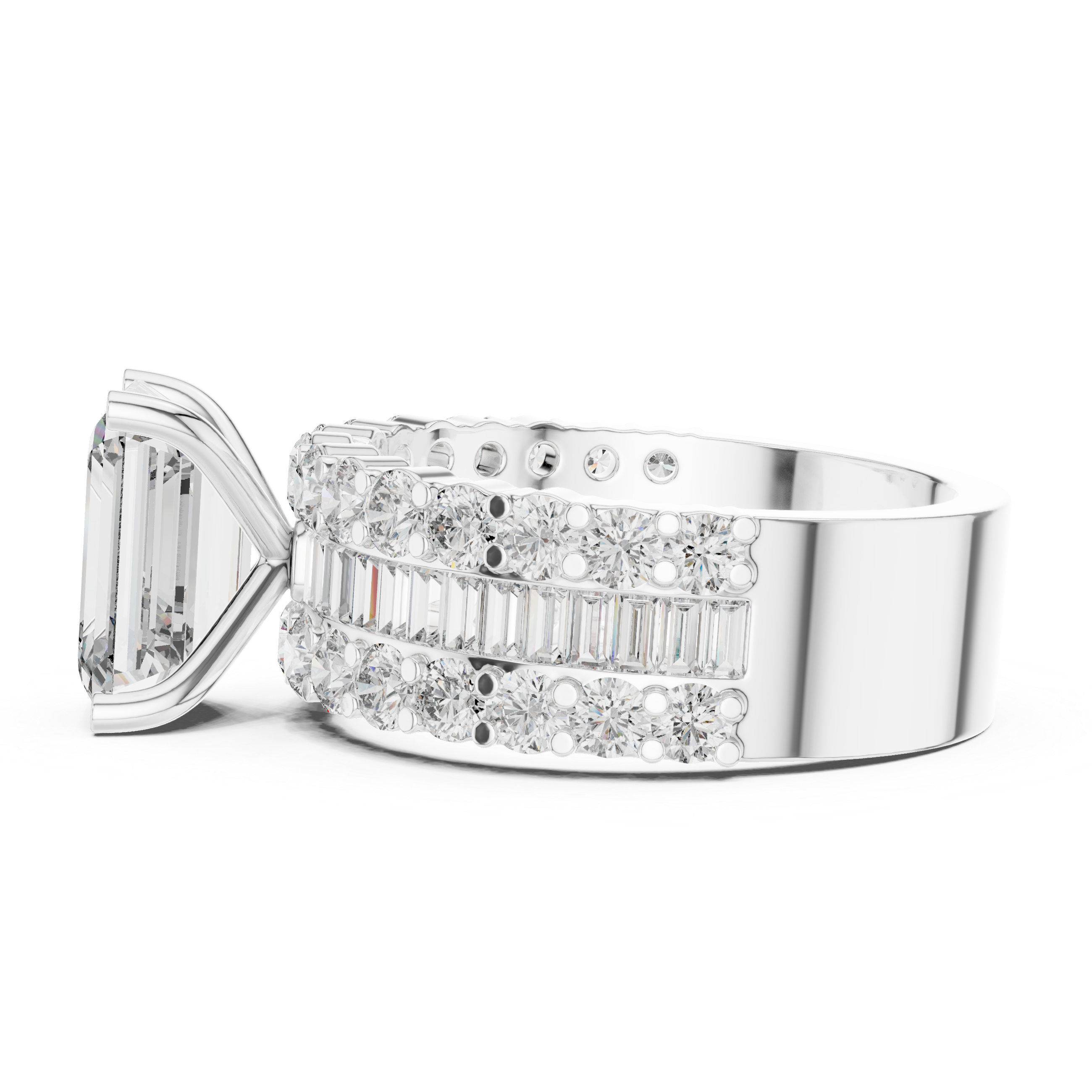 Emerald Cut Diamond Three Row Engagement Ring