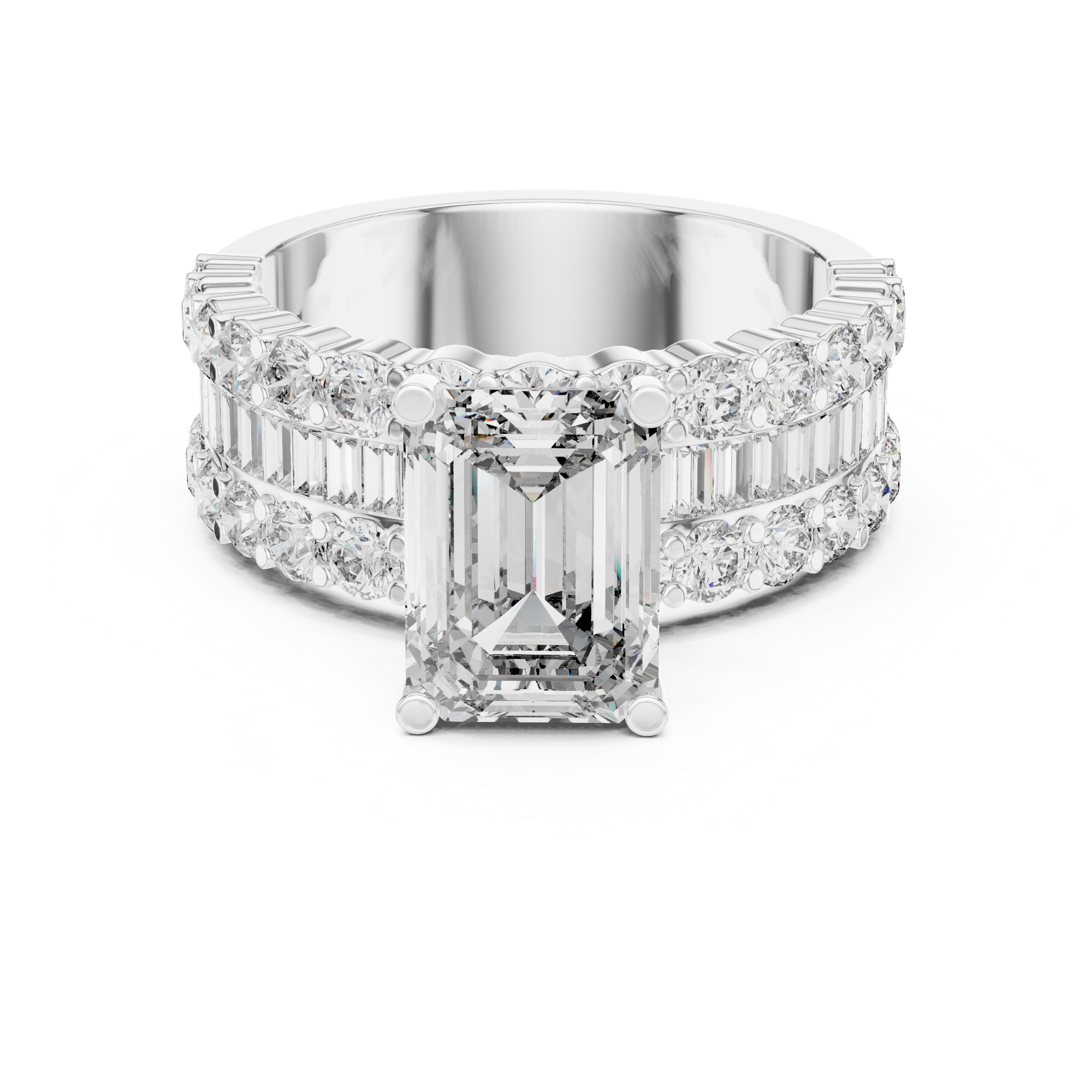 Emerald Cut Diamond Three Row Engagement Ring