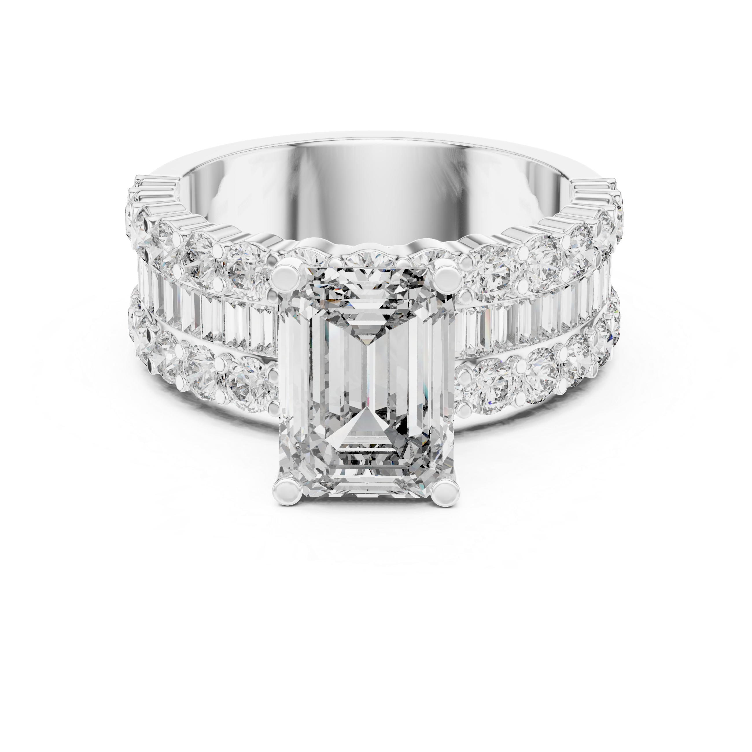 Emerald Cut Diamond Three Row Engagement Ring