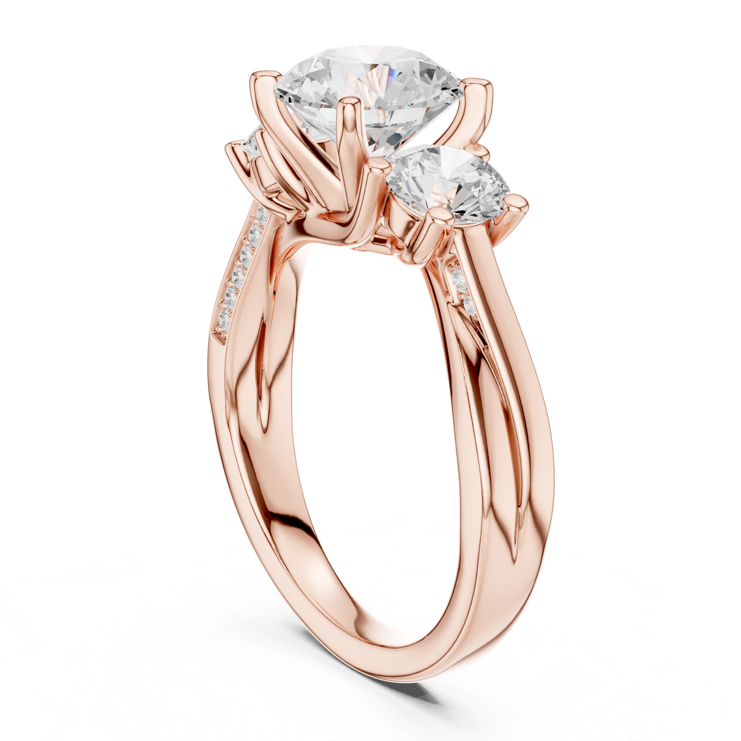 ROUND BRILLIANT THREE STONE TWISTED SHANK DIAMOND RING