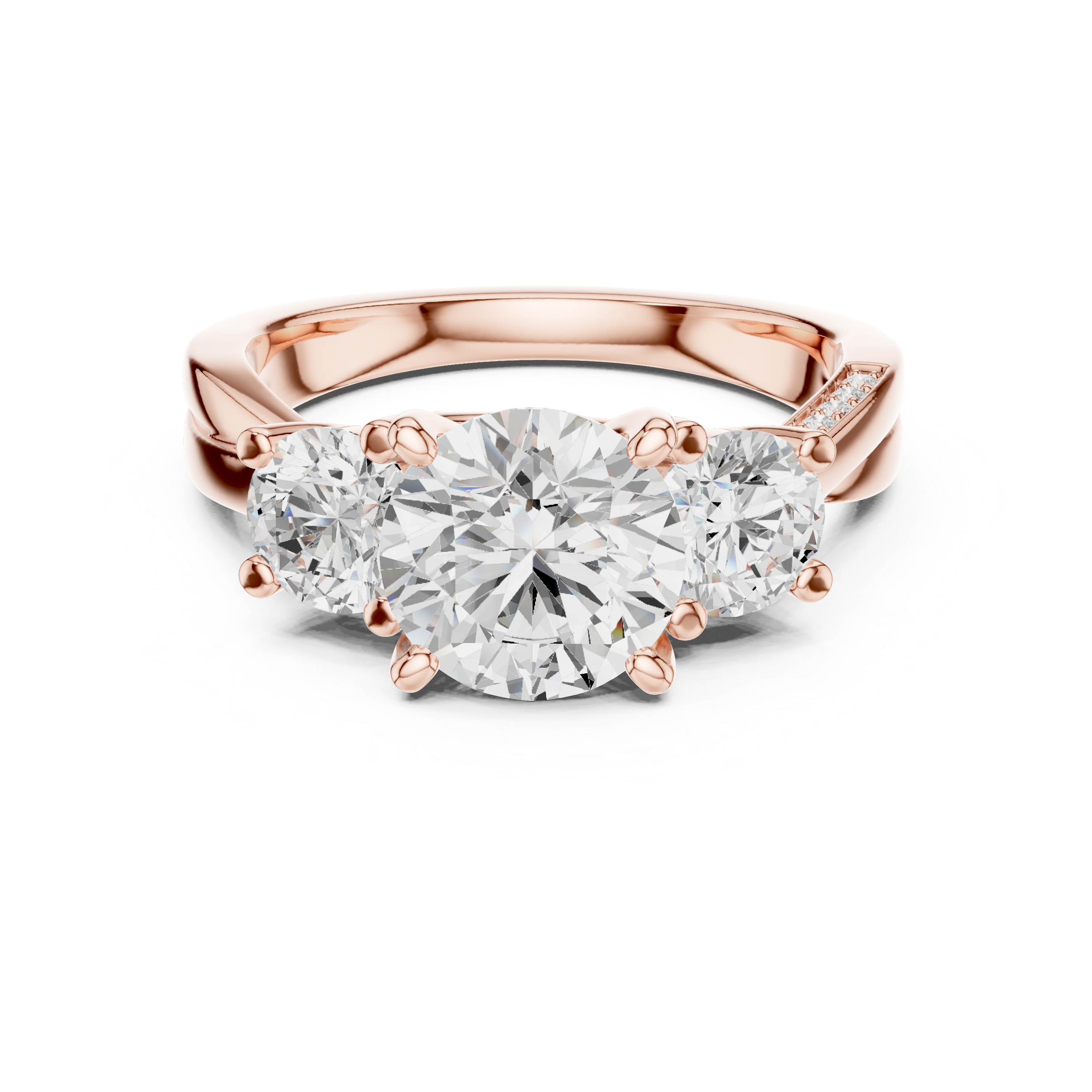ROUND BRILLIANT THREE STONE TWISTED SHANK DIAMOND RING