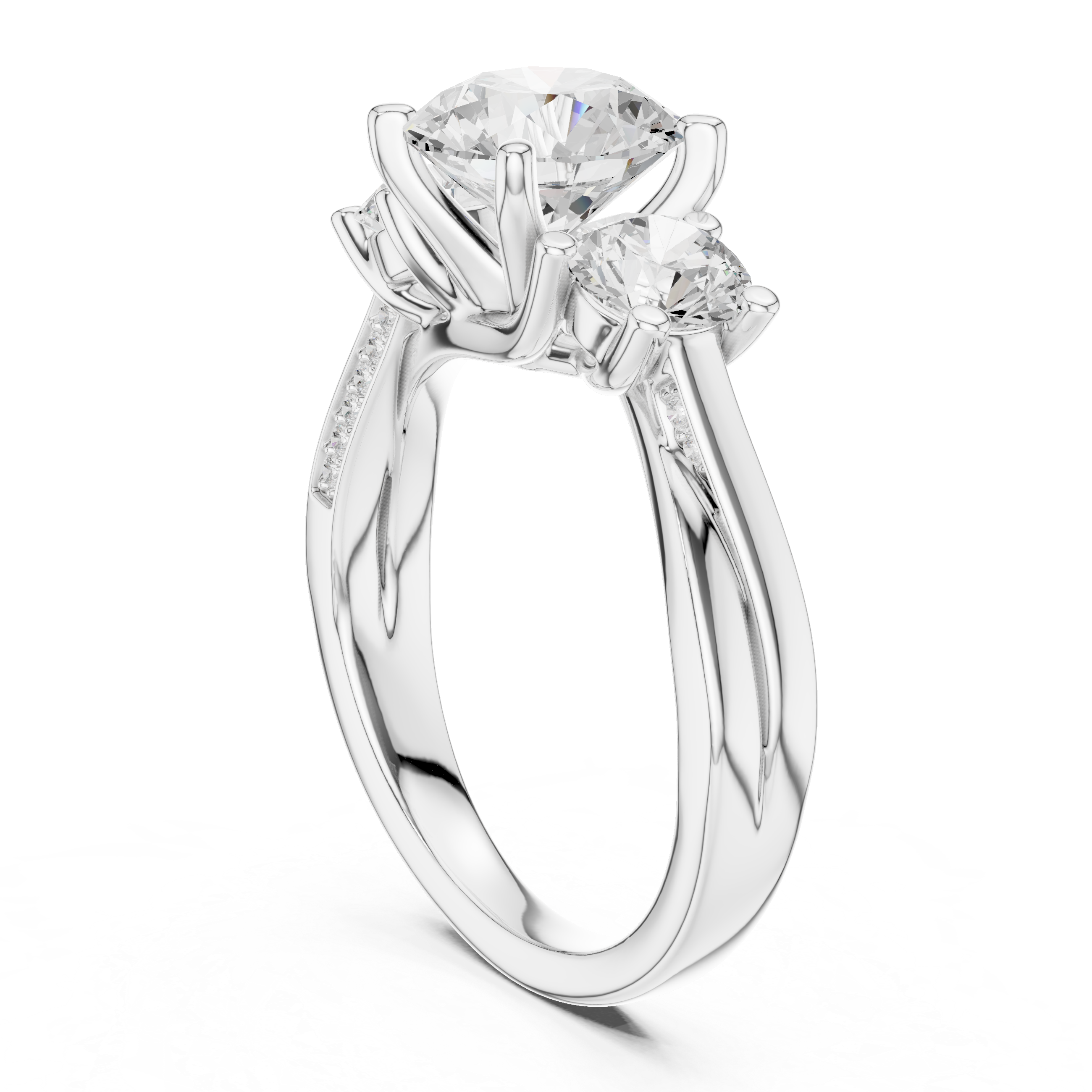 ROUND BRILLIANT THREE STONE TWISTED SHANK DIAMOND RING