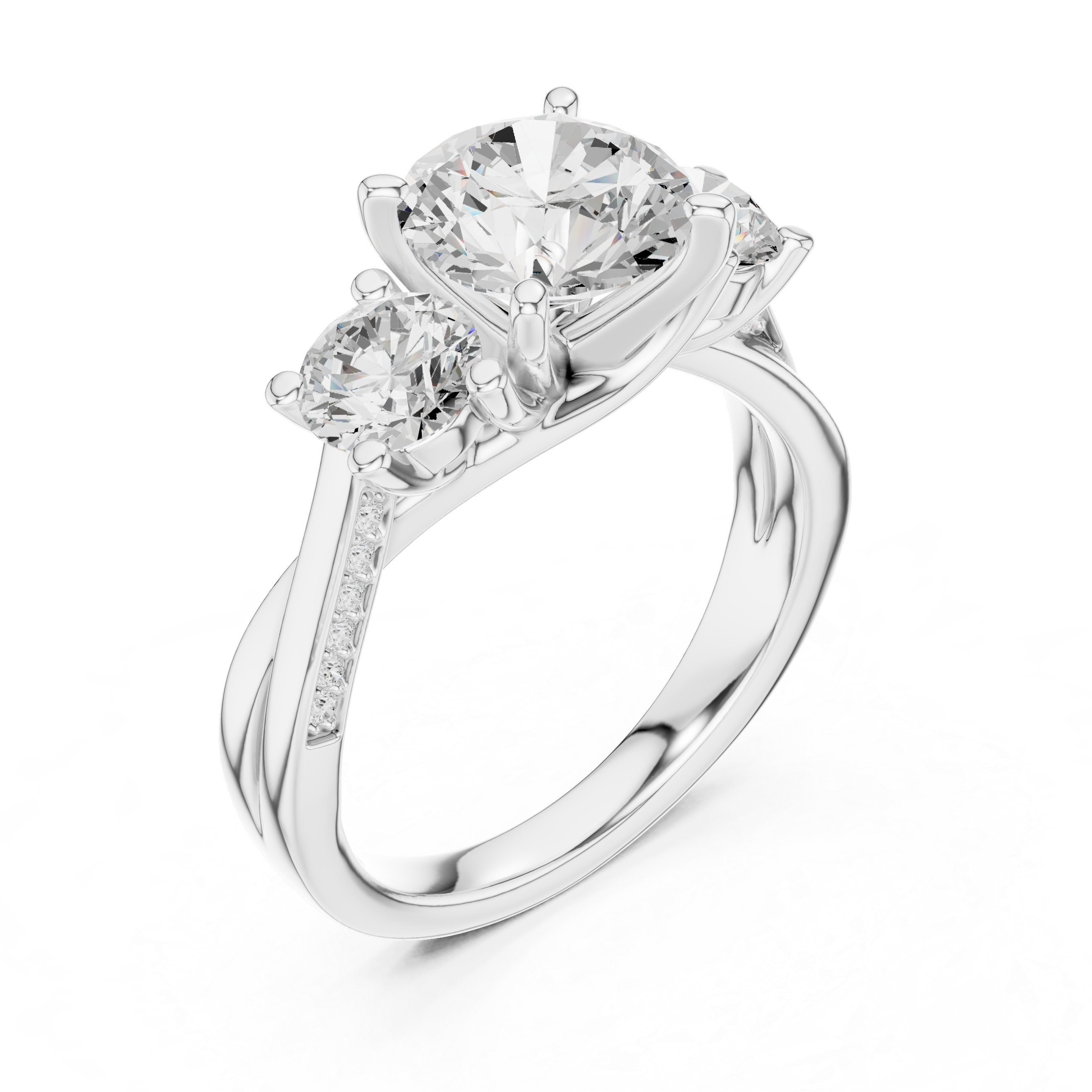 ROUND BRILLIANT THREE STONE TWISTED SHANK DIAMOND RING