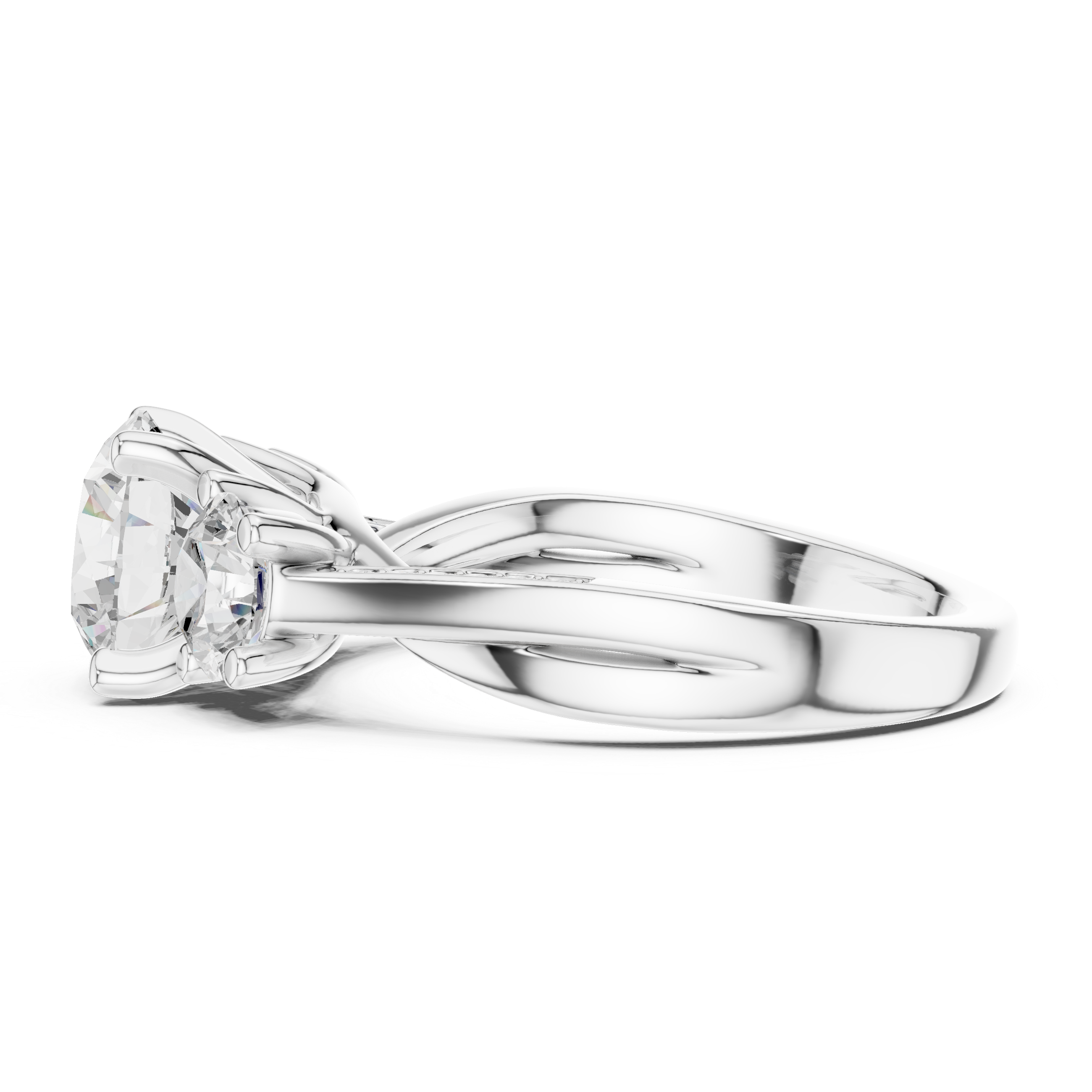 ROUND BRILLIANT THREE STONE TWISTED SHANK DIAMOND RING