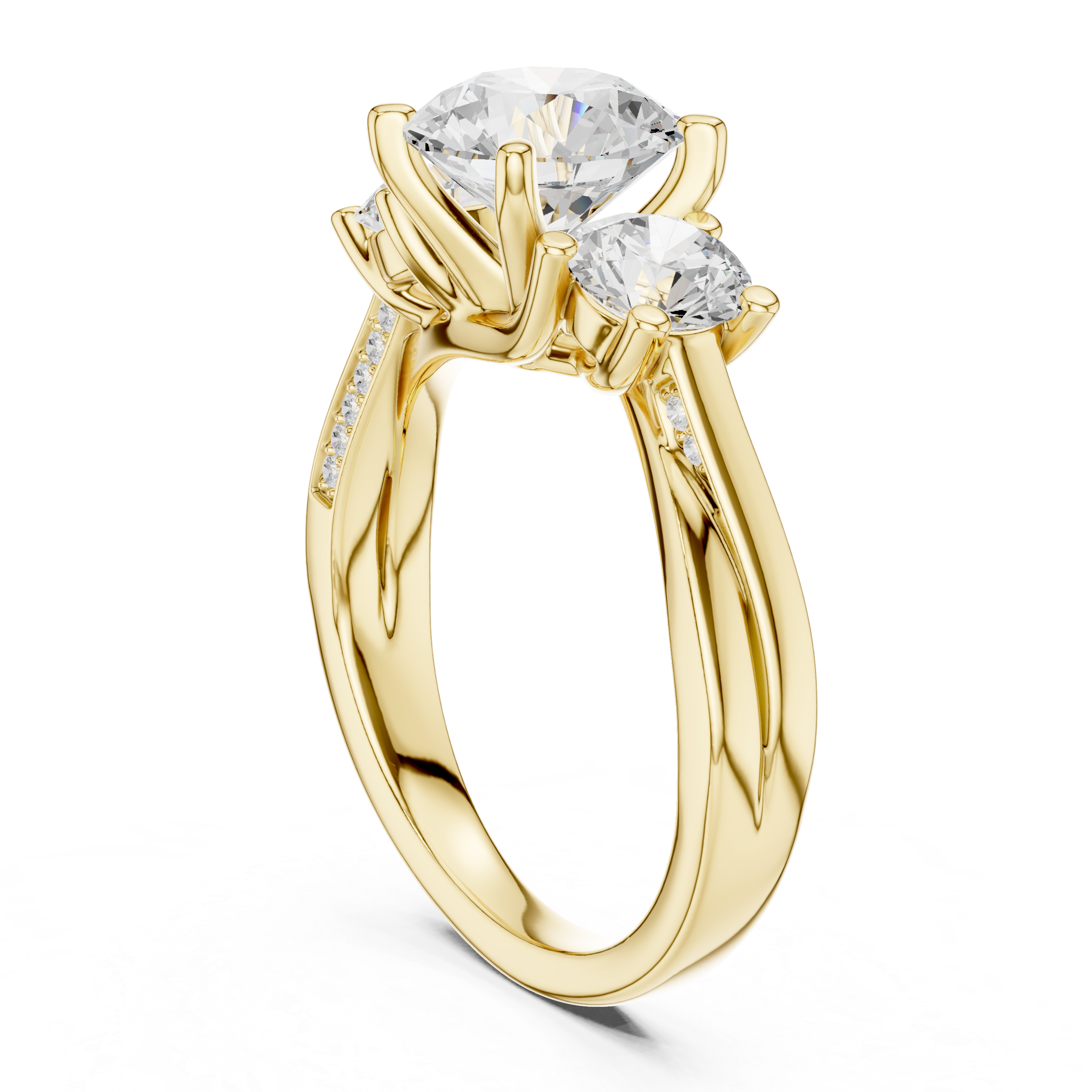 ROUND BRILLIANT THREE STONE TWISTED SHANK DIAMOND RING