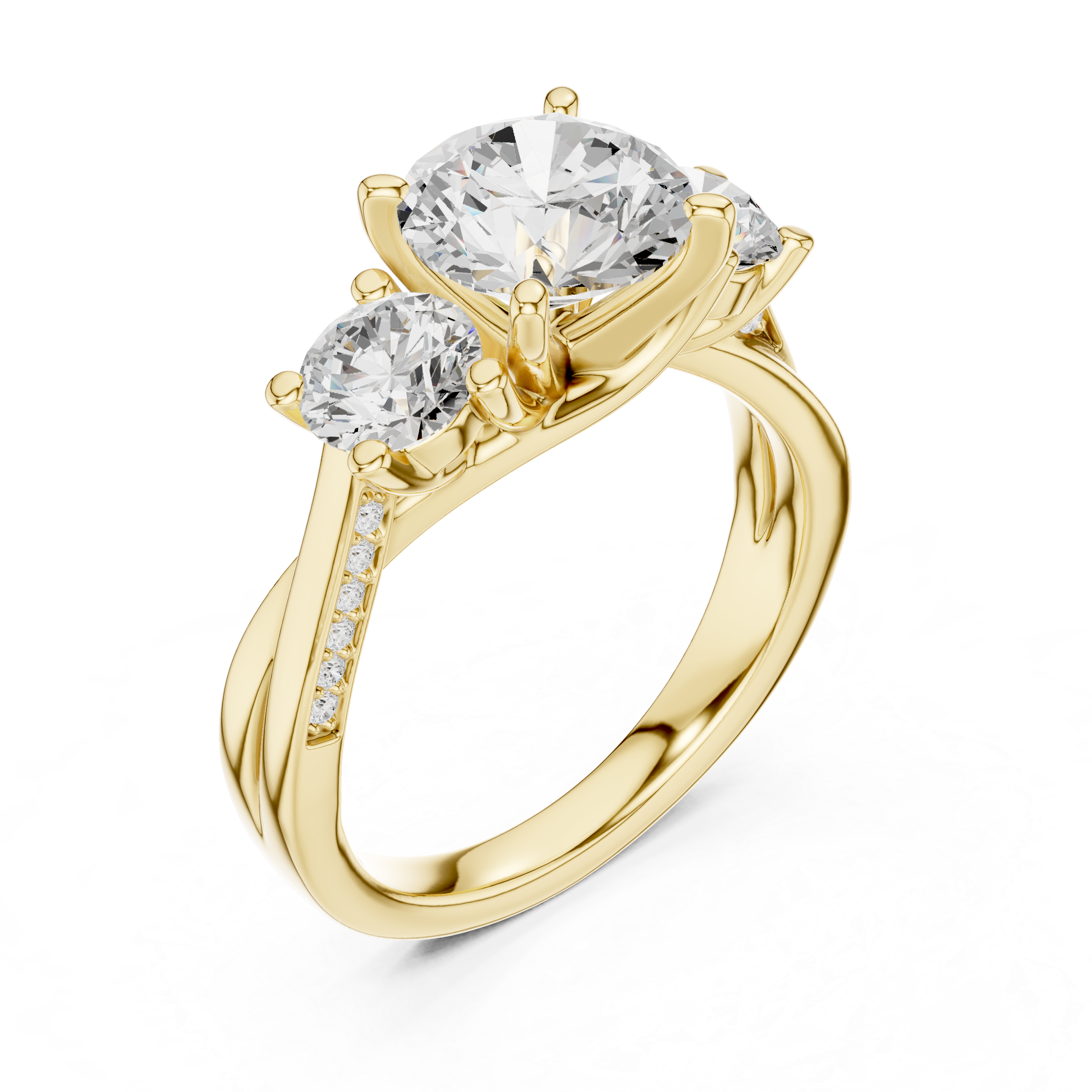 ROUND BRILLIANT THREE STONE TWISTED SHANK DIAMOND RING