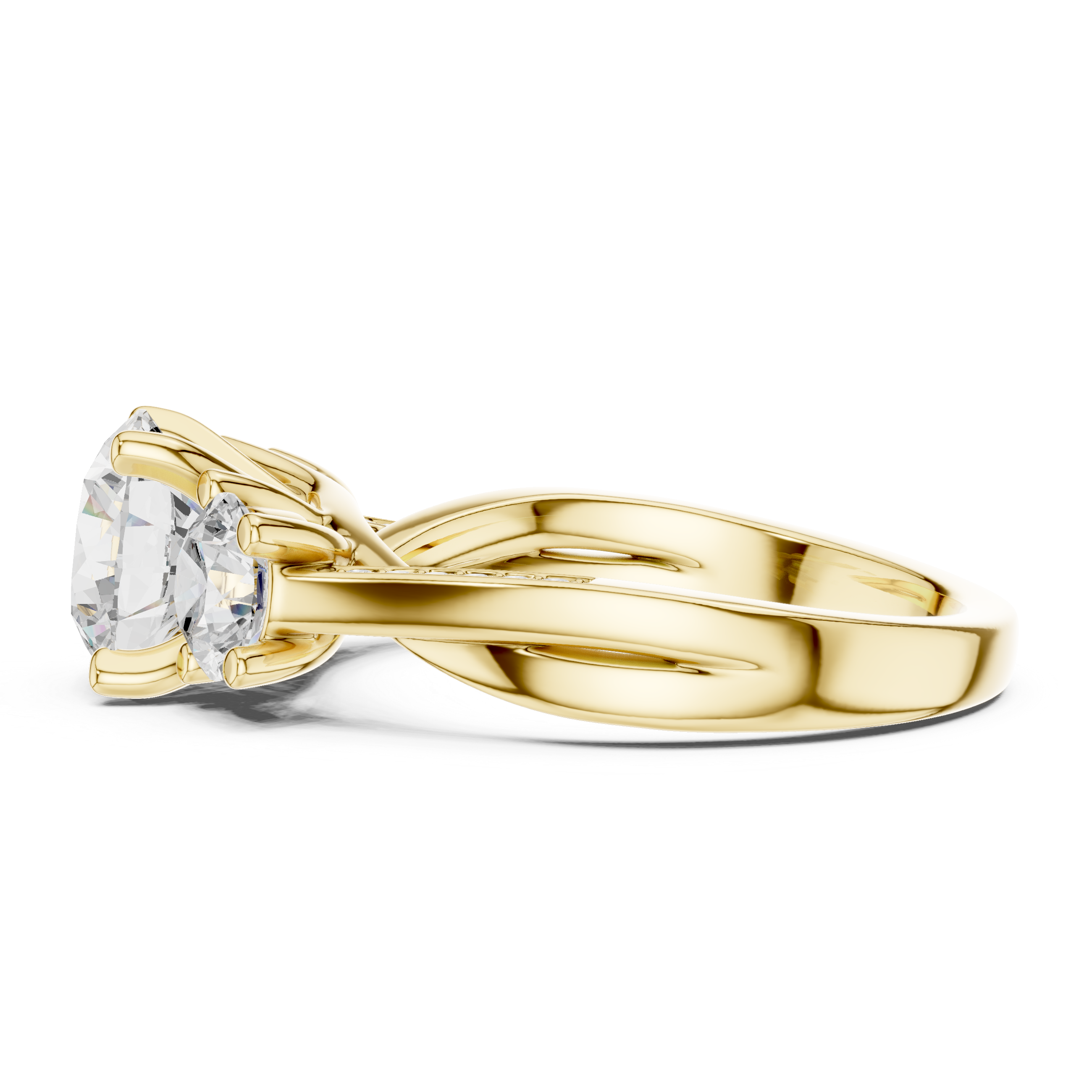 ROUND BRILLIANT THREE STONE TWISTED SHANK DIAMOND RING