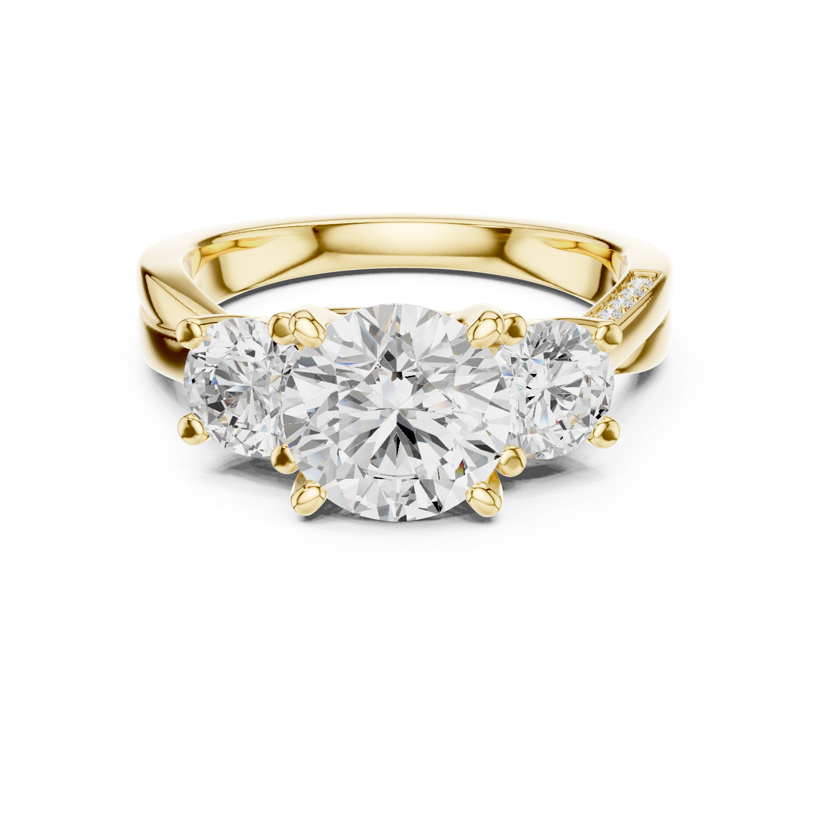 ROUND BRILLIANT THREE STONE TWISTED SHANK DIAMOND RING