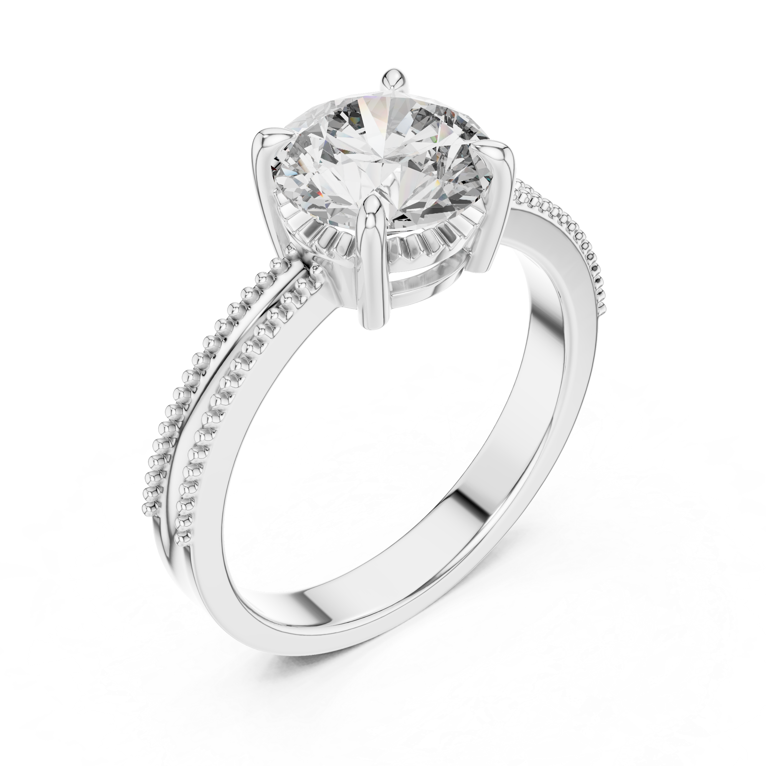 2ct Solitaire Ring With Double Beads Shank