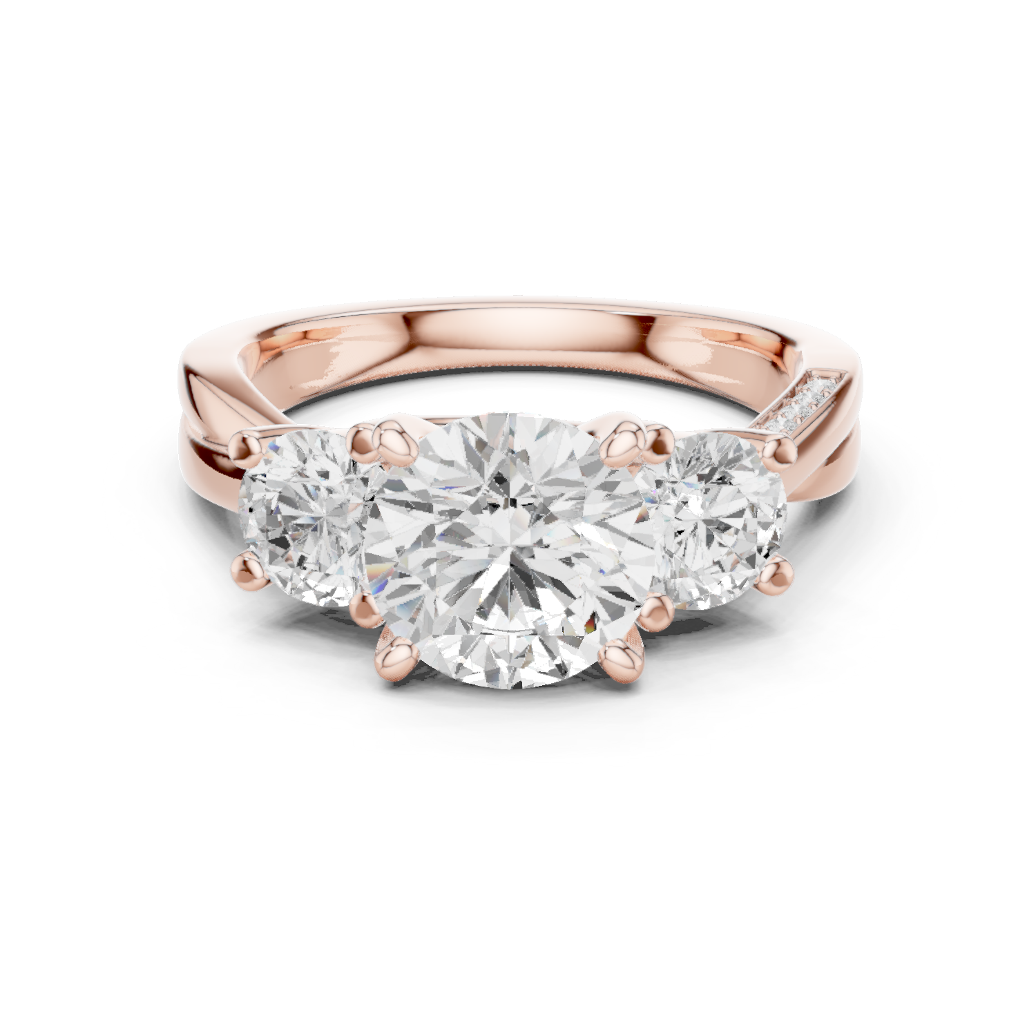 ROUND BRILLIANT THREE STONE TWISTED SHANK DIAMOND RING
