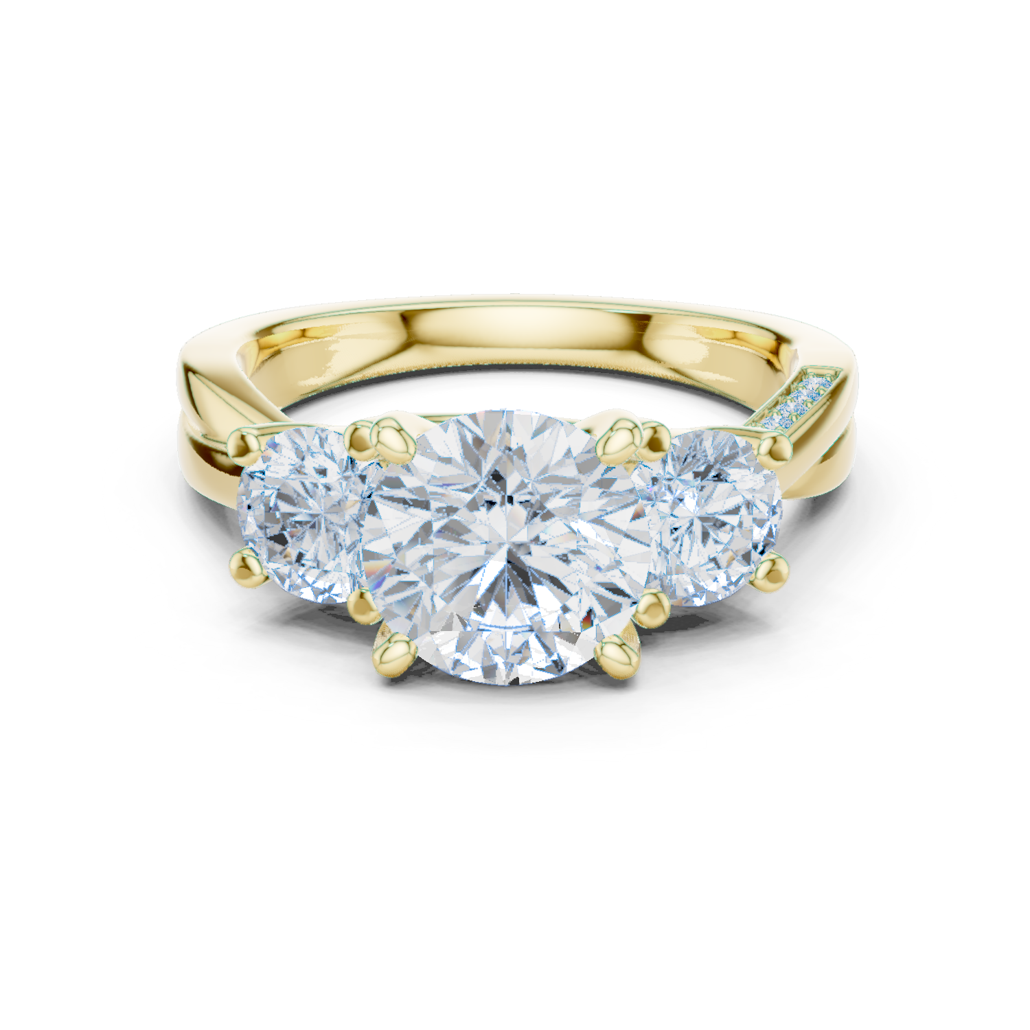 ROUND BRILLIANT THREE STONE TWISTED SHANK DIAMOND RING